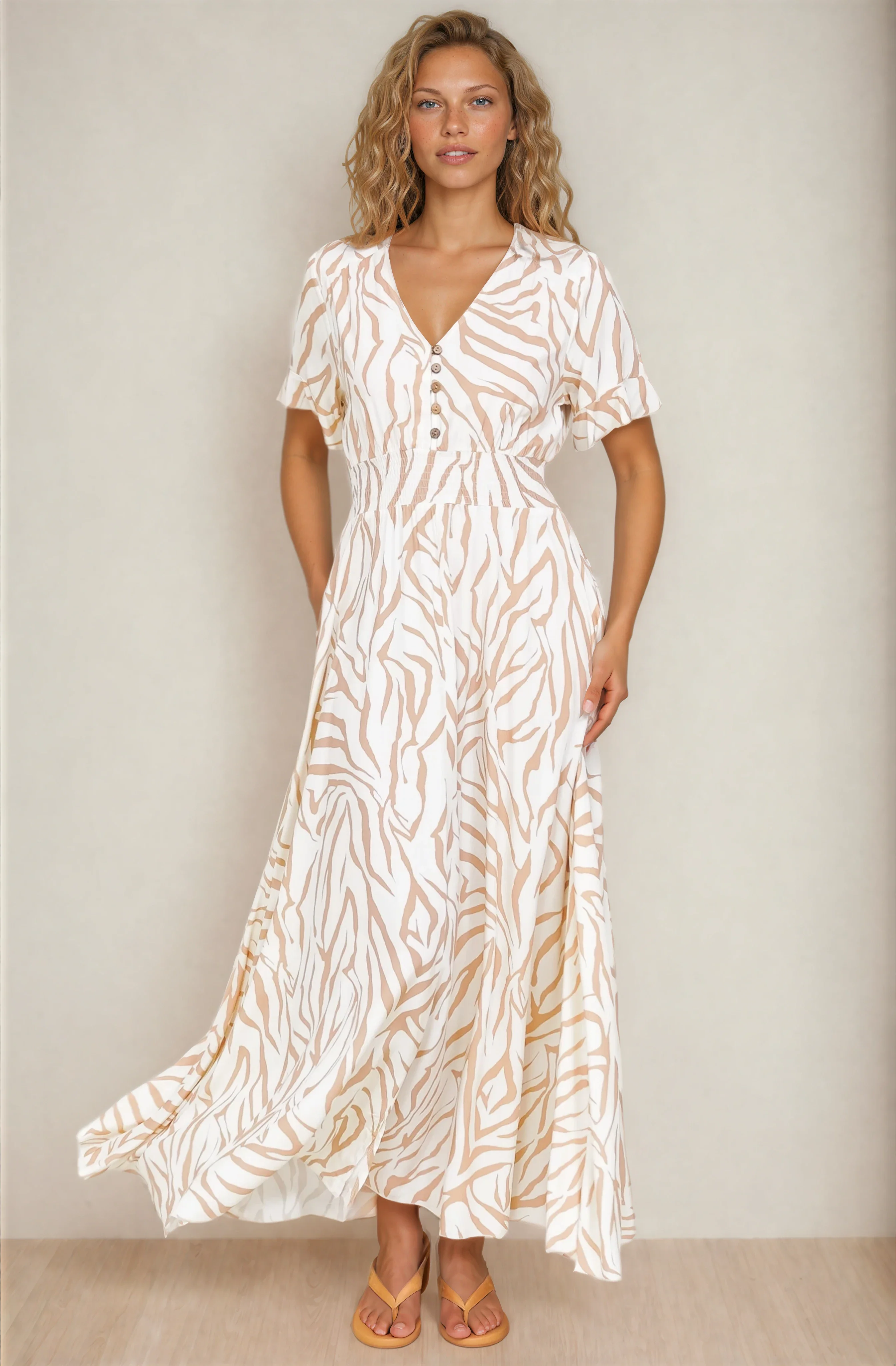Tonia Maxi Dress - Short Sleeve V-Neck A-Line Dress in Cady Print Beige
