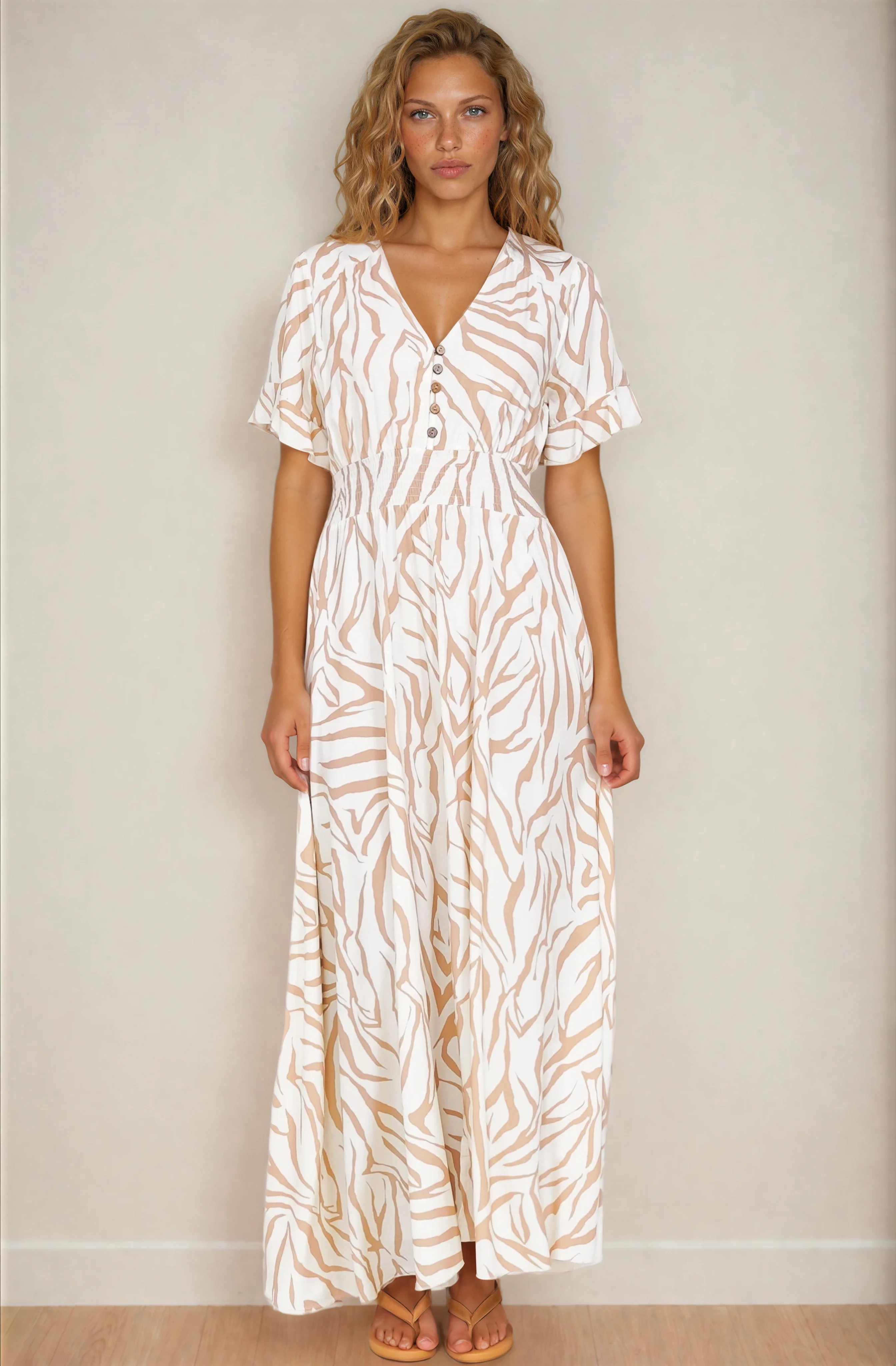 Tonia Maxi Dress - Short Sleeve V-Neck A-Line Dress in Cady Print Beige - Image 2