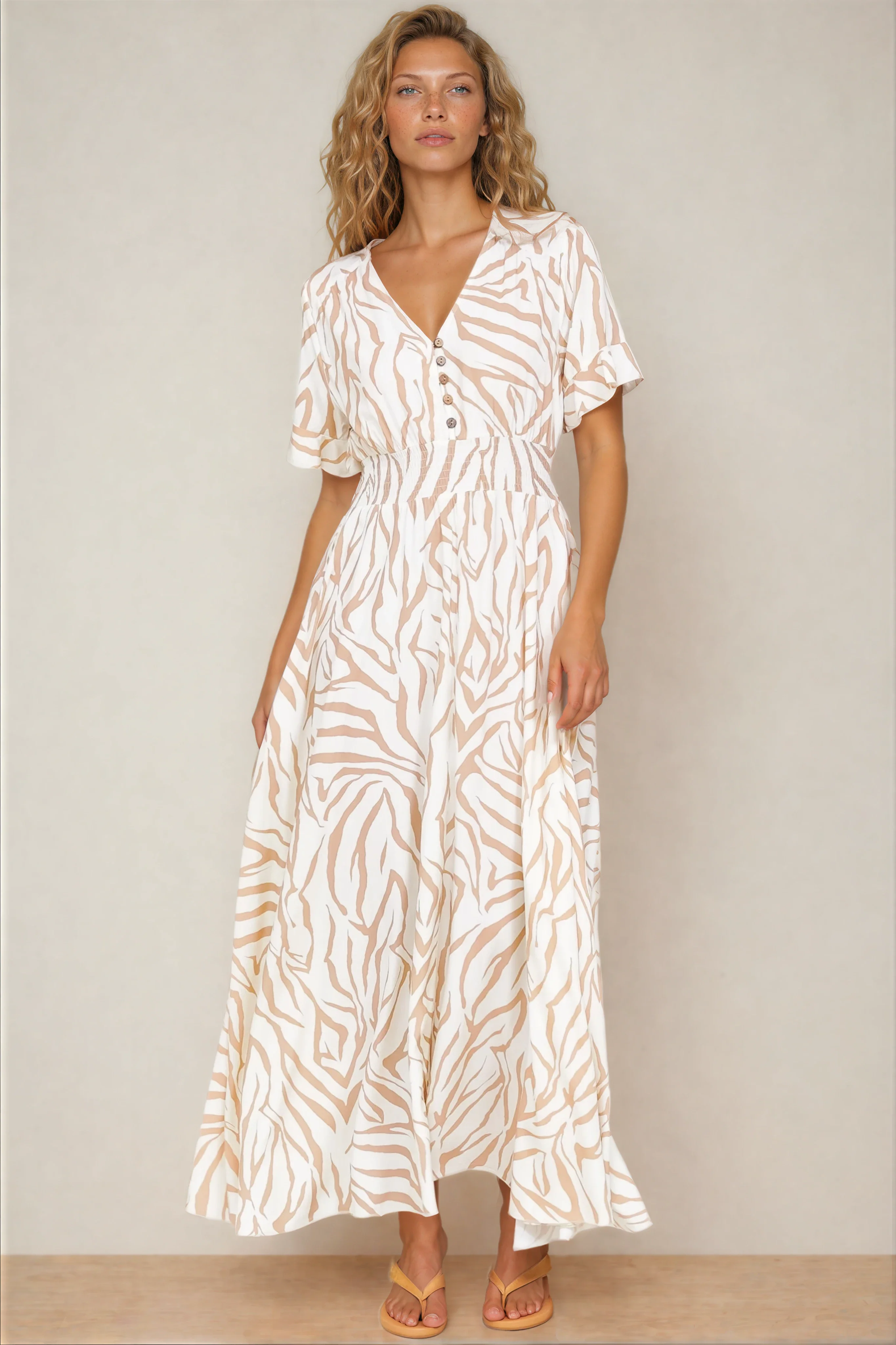 Tonia Maxi Dress - Short Sleeve V-Neck A-Line Dress in Cady Print Beige - Image 4