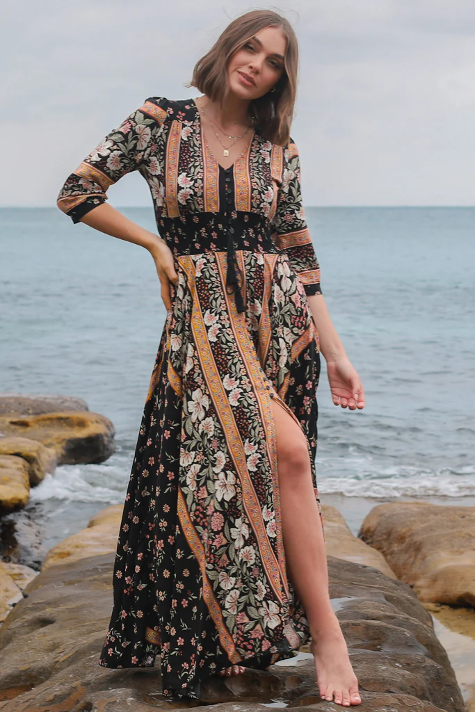 JAASE - Indiana Maxi Dress: Lace Back Shirred Waist A Line Dress with Handkerchief Hemline in Eternity Print - Image 11