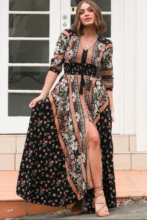 JAASE - Indiana Maxi Dress: Lace Back Shirred Waist A Line Dress with Handkerchief Hemline in Eternity Print - Image 13