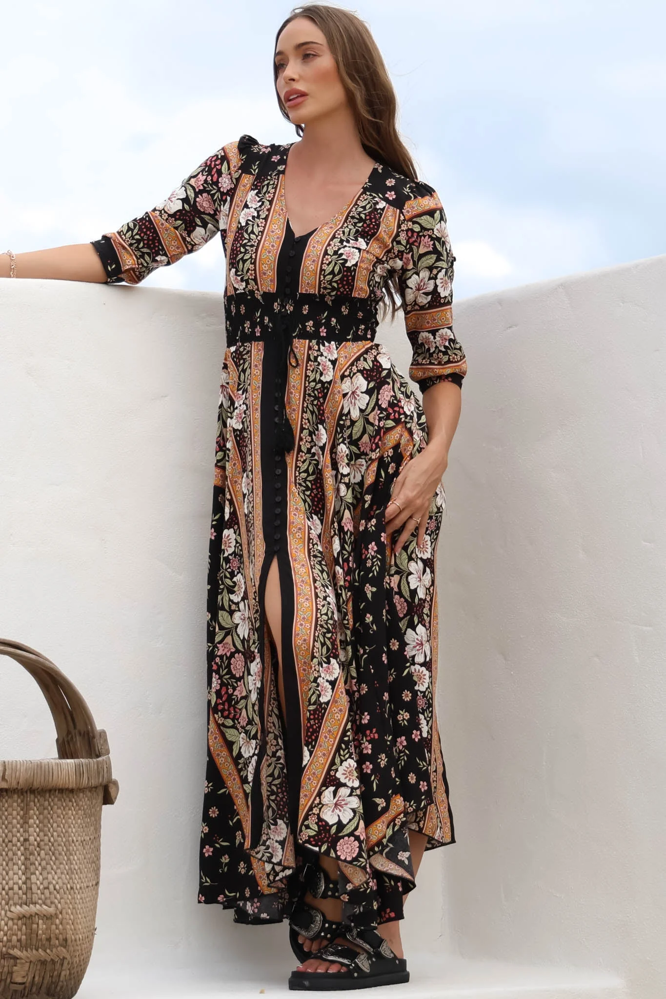 JAASE - Indiana Maxi Dress: Lace Back Shirred Waist A Line Dress with Handkerchief Hemline in Eternity Print - Image 14