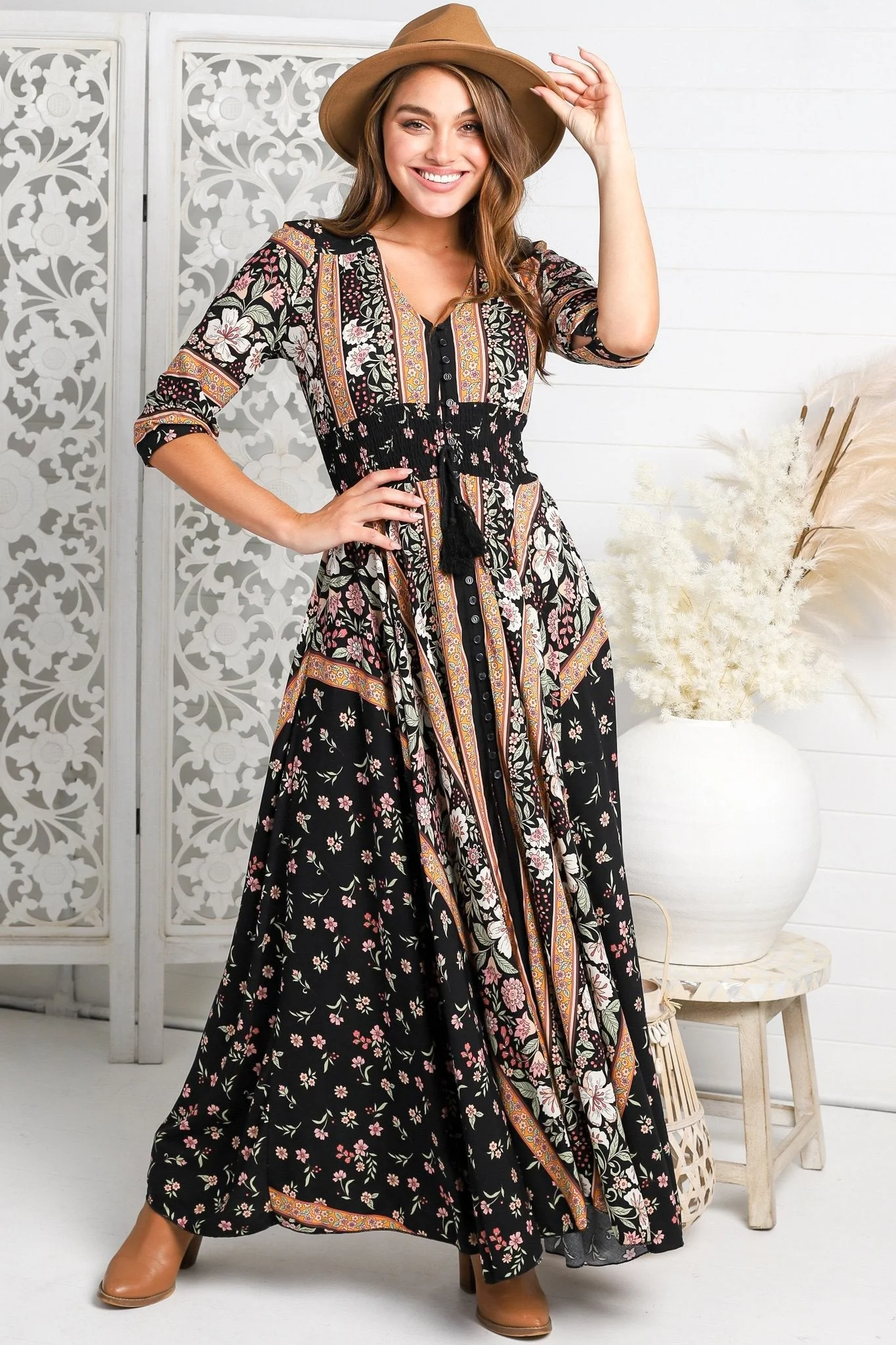 JAASE - Indiana Maxi Dress: Lace Back Shirred Waist A Line Dress with Handkerchief Hemline in Eternity Print - Image 16