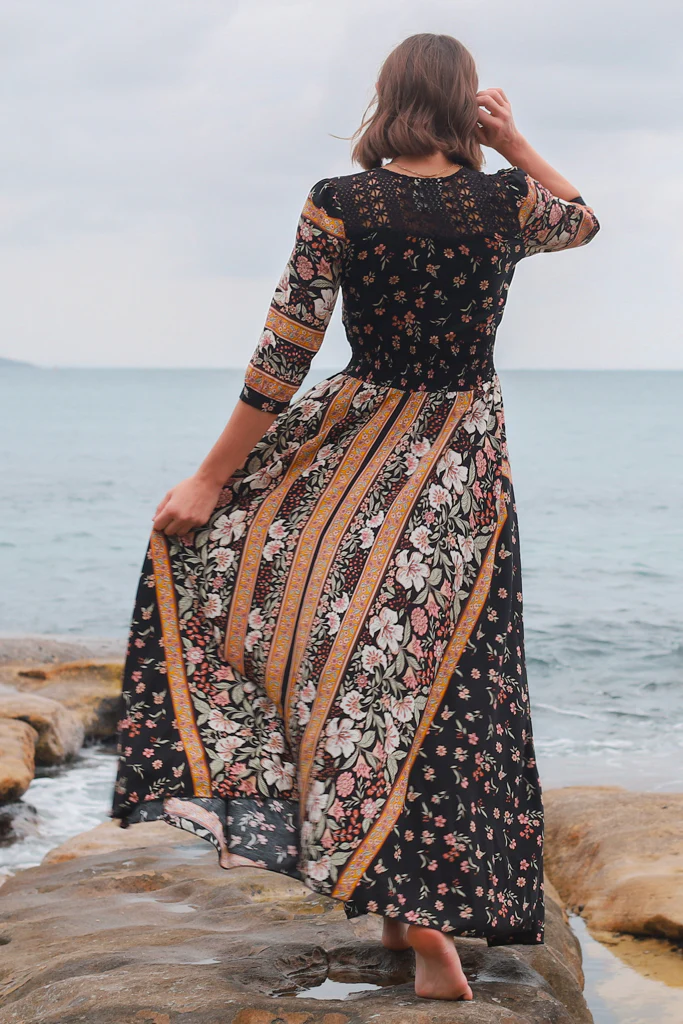 JAASE - Indiana Maxi Dress: Lace Back Shirred Waist A Line Dress with Handkerchief Hemline in Eternity Print - Image 18