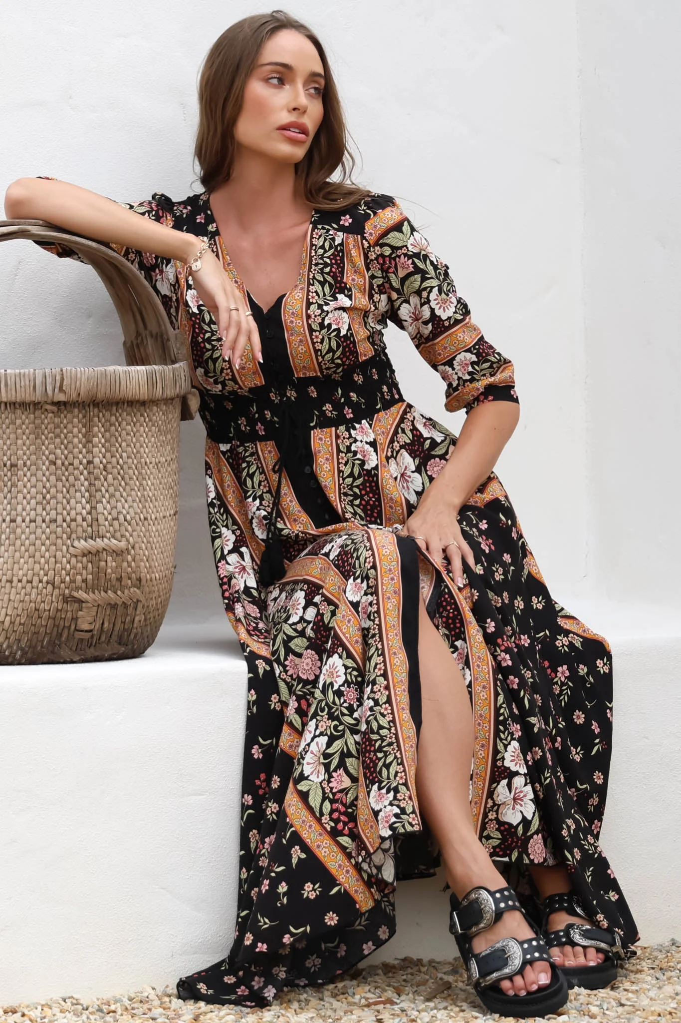 JAASE - Indiana Maxi Dress: Lace Back Shirred Waist A Line Dress with Handkerchief Hemline in Eternity Print - Image 3