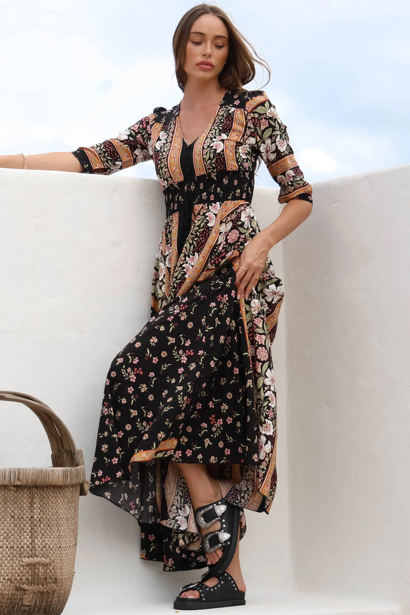 JAASE - Indiana Maxi Dress: Lace Back Shirred Waist A Line Dress with Handkerchief Hemline in Eternity Print - Image 6