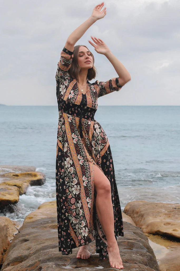 JAASE - Indiana Maxi Dress: Lace Back Shirred Waist A Line Dress with Handkerchief Hemline in Eternity Print - Image 7