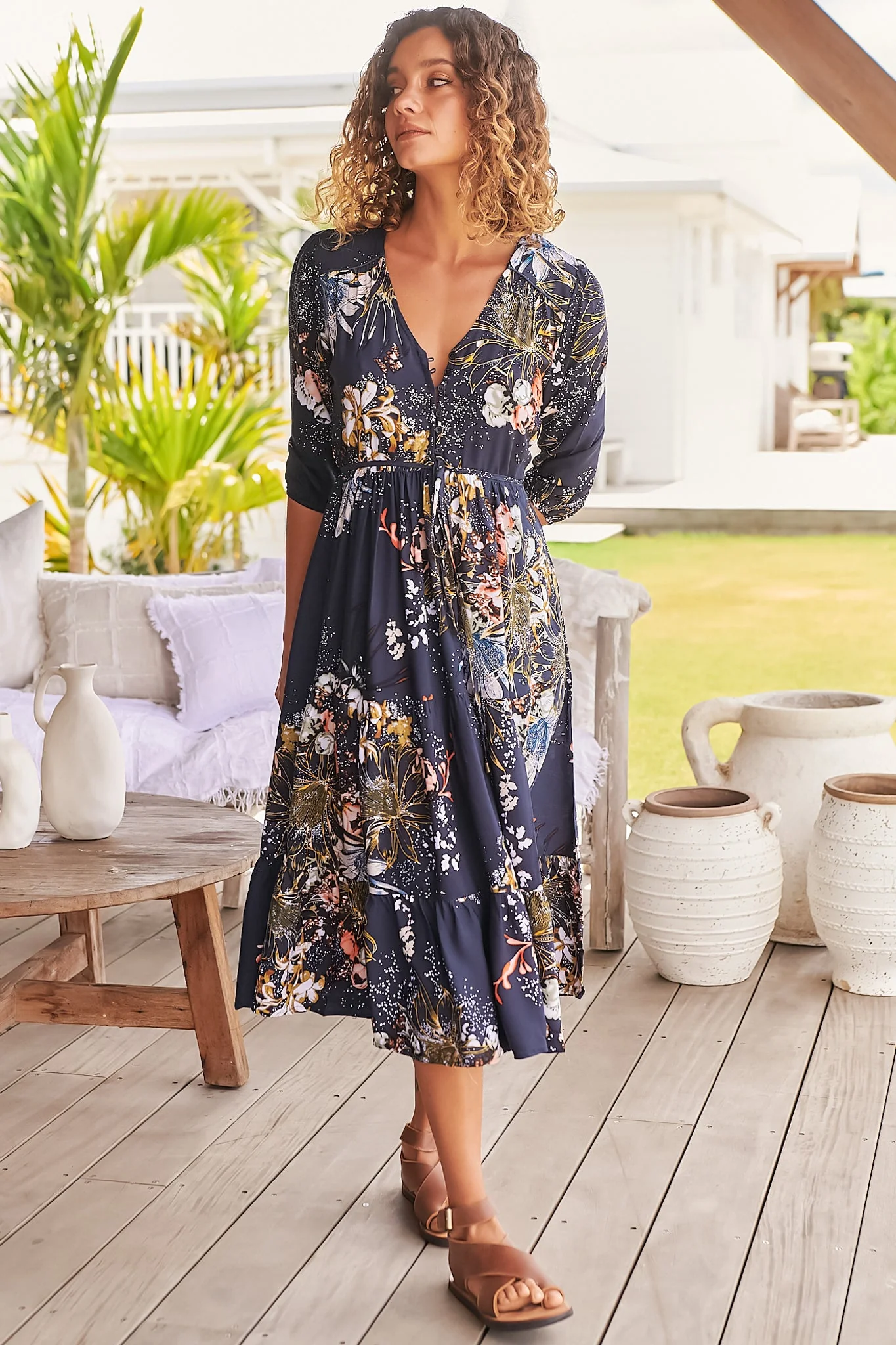 JAASE - Eve Midi Dress: V Neck Tiered Dress with Option Waist Tie in Indigo Print - Image 3