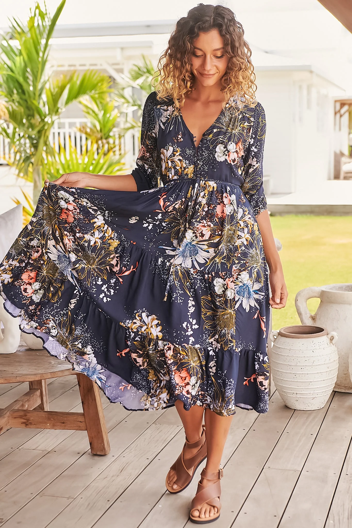 JAASE - Eve Midi Dress: V Neck Tiered Dress with Option Waist Tie in Indigo Print - Image 4