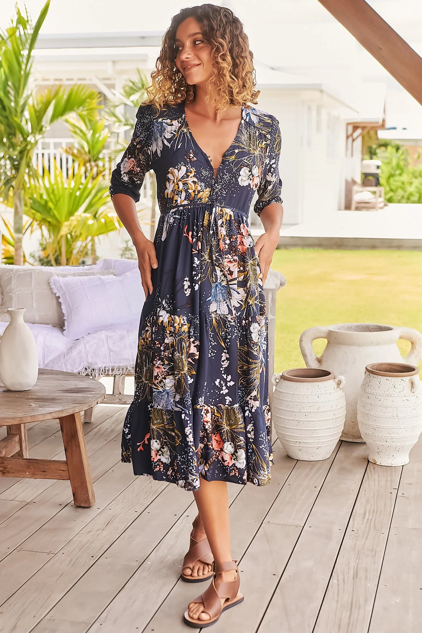 JAASE - Eve Midi Dress: V Neck Tiered Dress with Option Waist Tie in Indigo Print - Image 5