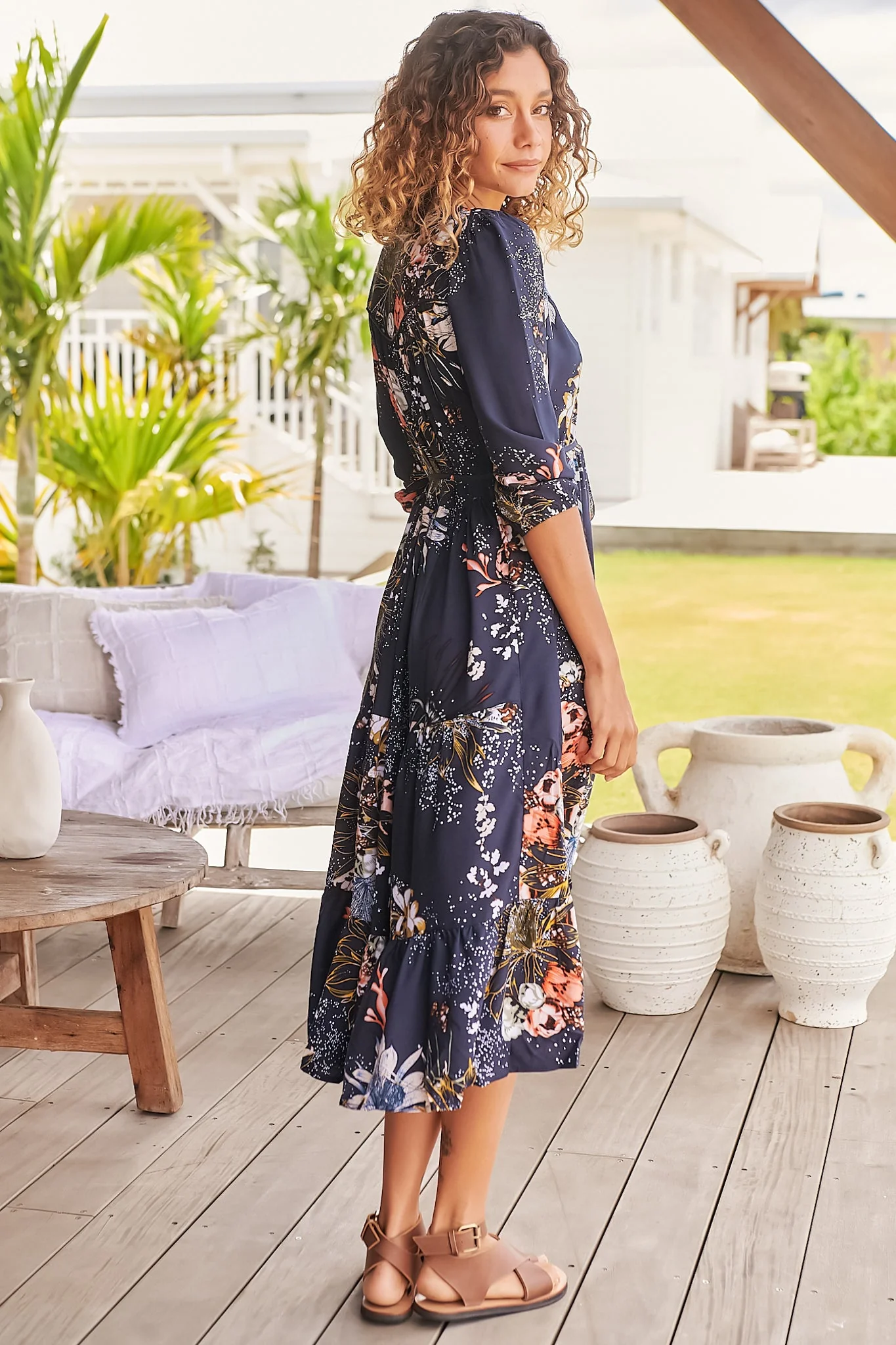 JAASE - Eve Midi Dress: V Neck Tiered Dress with Option Waist Tie in Indigo Print - Image 8