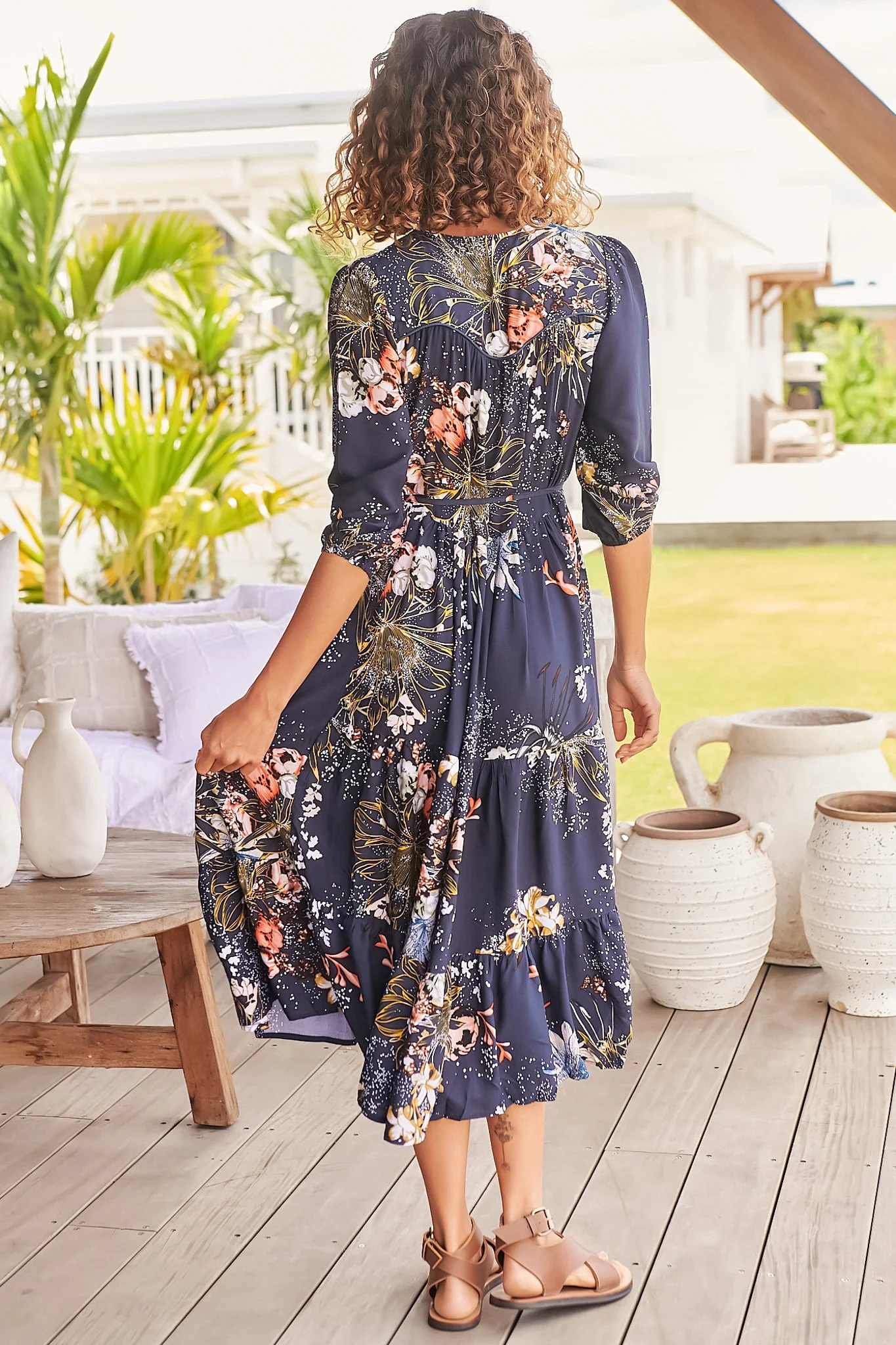 JAASE - Eve Midi Dress: V Neck Tiered Dress with Option Waist Tie in Indigo Print - Image 9