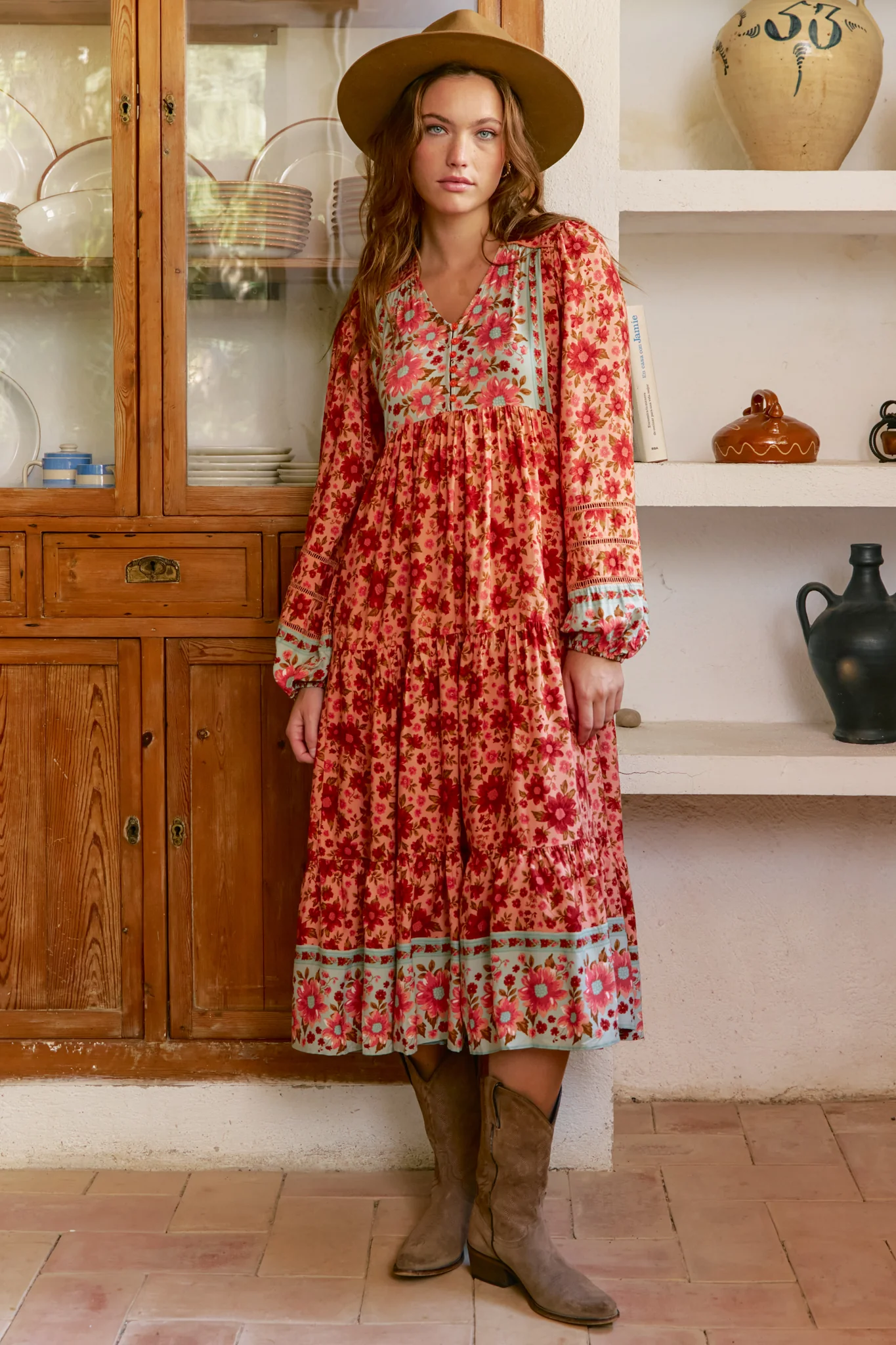 JAASE - Eve Midi Dress: V Neck Long Sleeve Tiered Dress with Option Waist Tie in Lillianna Print