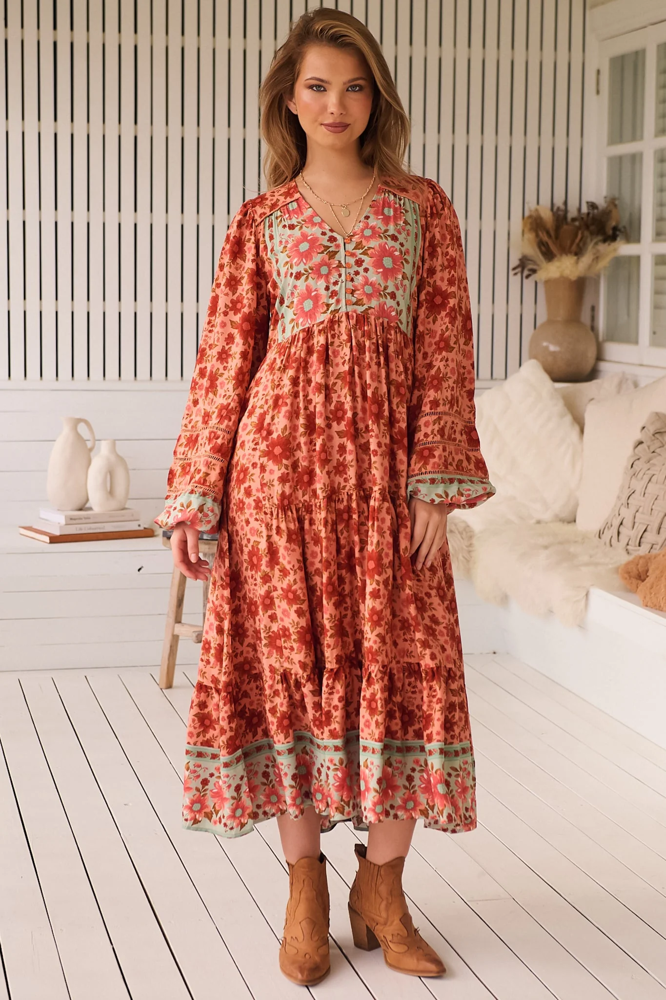 JAASE - Eve Midi Dress: V Neck Long Sleeve Tiered Dress with Option Waist Tie in Lillianna Print - Image 2