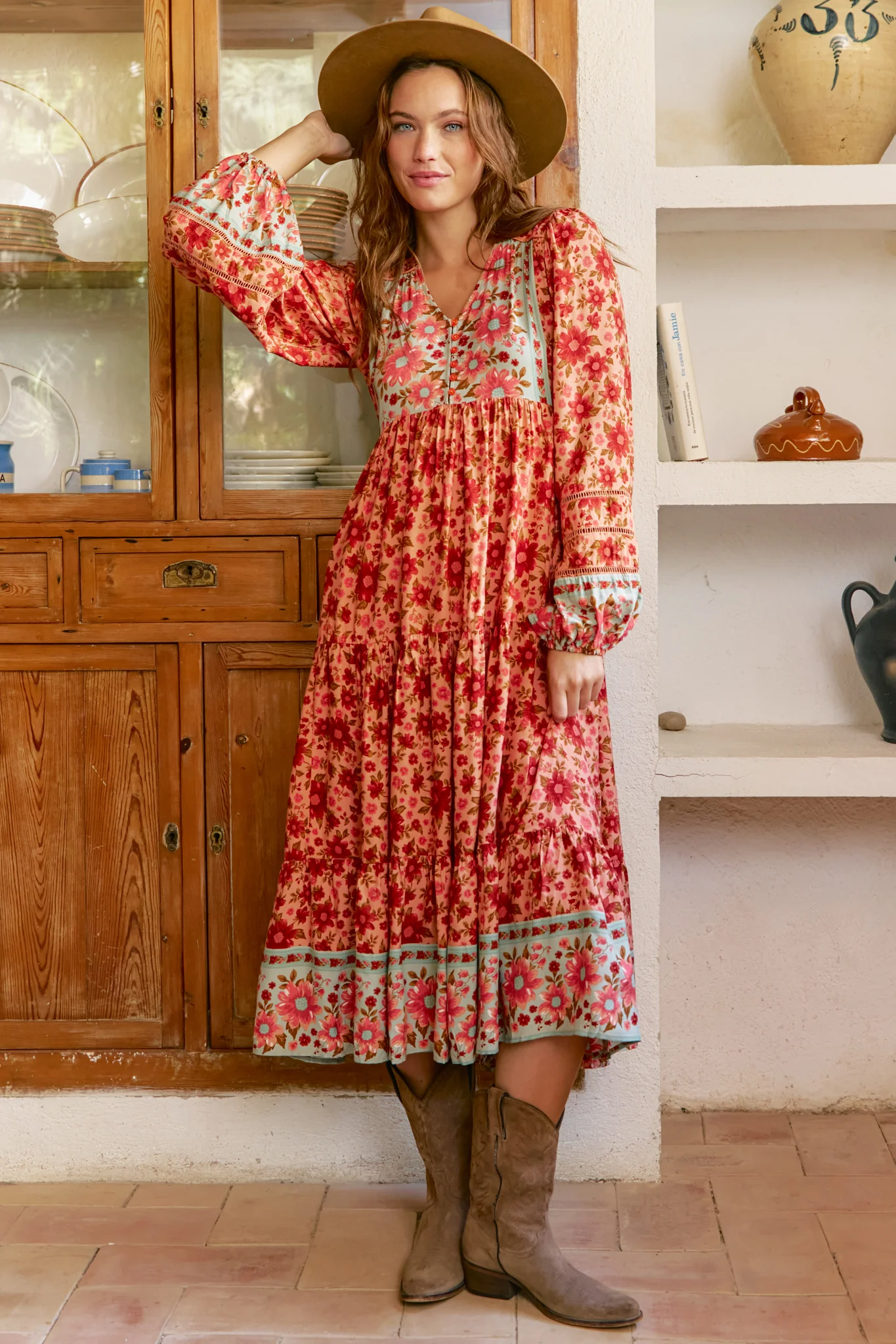 JAASE - Eve Midi Dress: V Neck Long Sleeve Tiered Dress with Option Waist Tie in Lillianna Print - Image 3