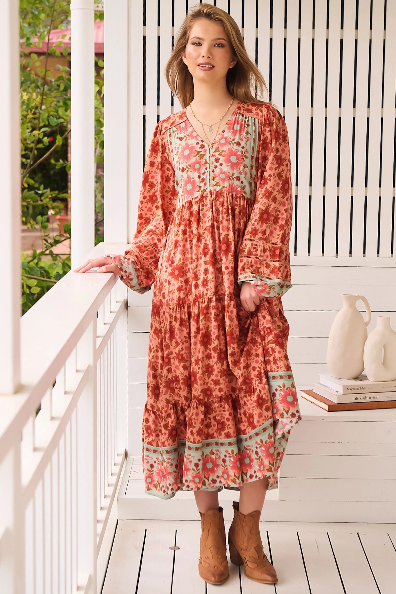 JAASE - Eve Midi Dress: V Neck Long Sleeve Tiered Dress with Option Waist Tie in Lillianna Print - Image 4