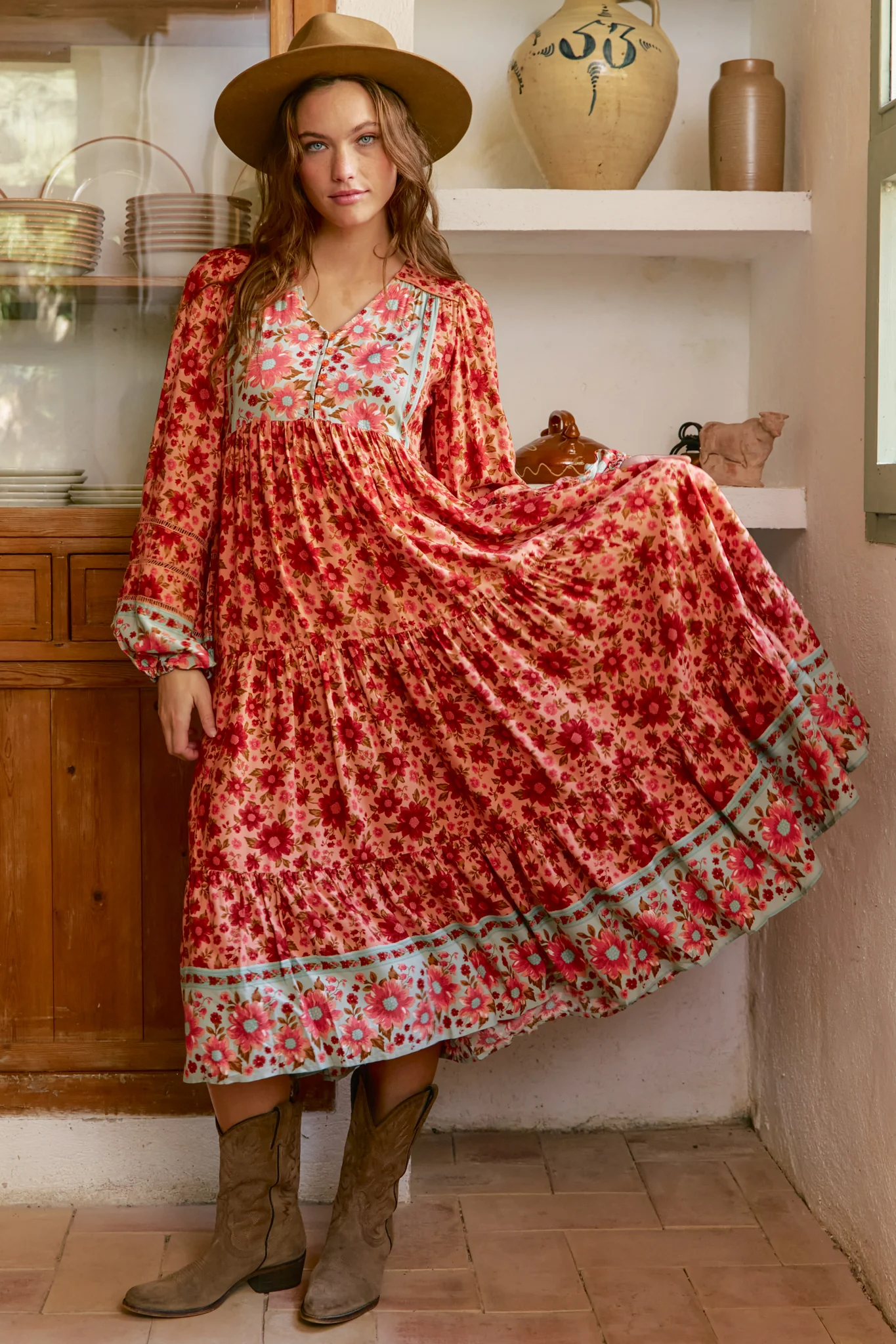 JAASE - Eve Midi Dress: V Neck Long Sleeve Tiered Dress with Option Waist Tie in Lillianna Print - Image 5