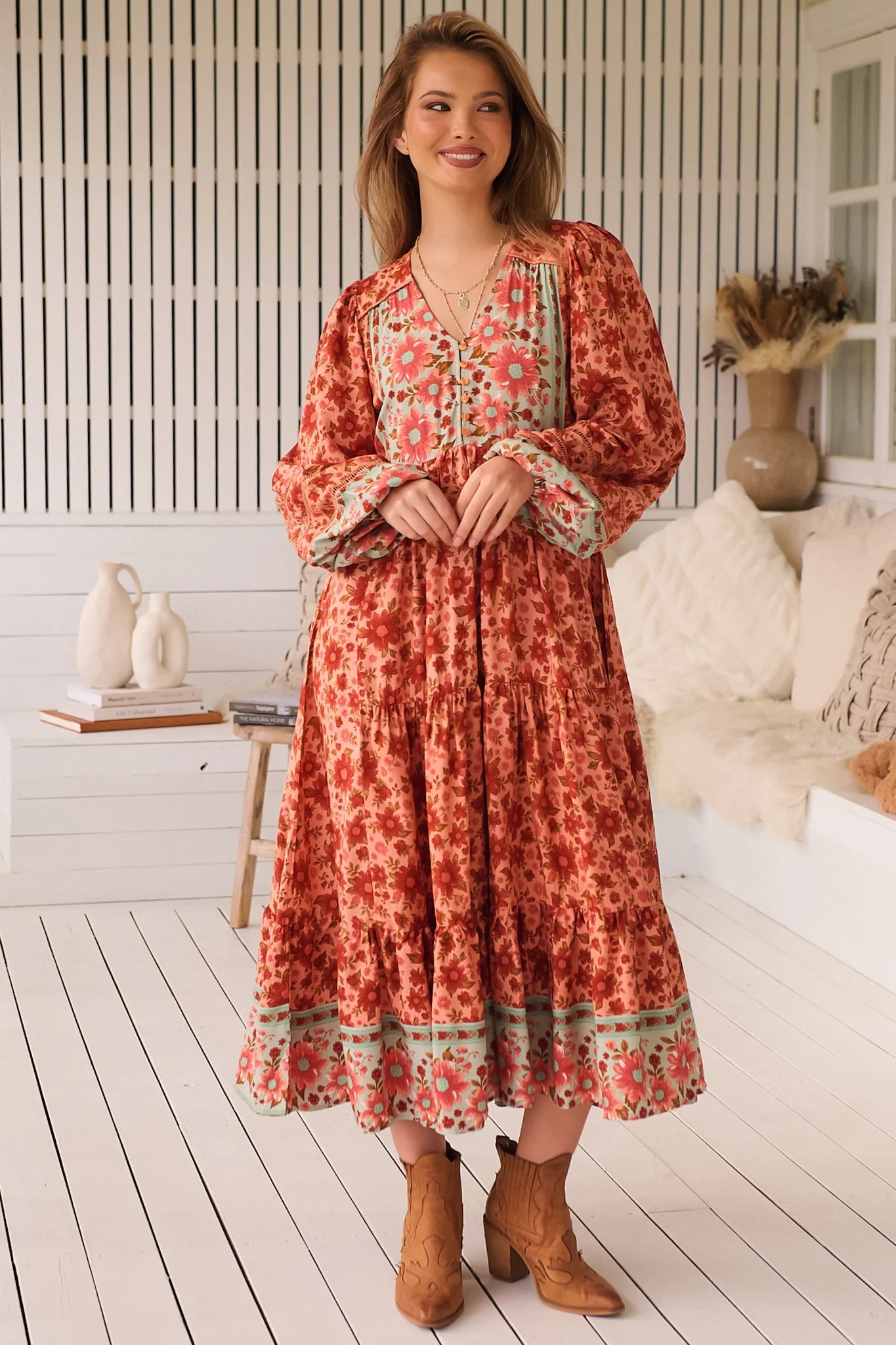 JAASE - Eve Midi Dress: V Neck Long Sleeve Tiered Dress with Option Waist Tie in Lillianna Print - Image 6