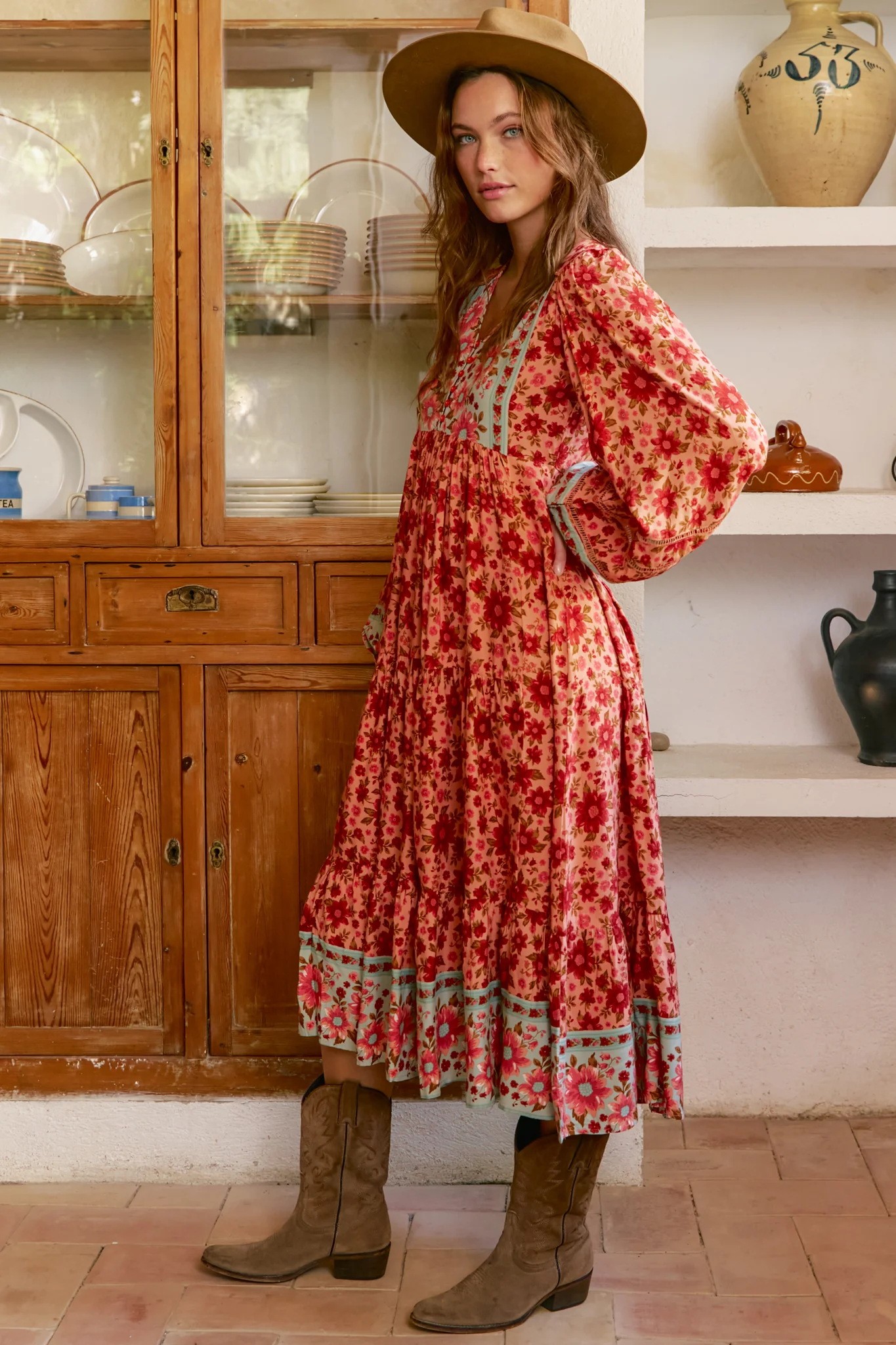 JAASE - Eve Midi Dress: V Neck Long Sleeve Tiered Dress with Option Waist Tie in Lillianna Print - Image 7