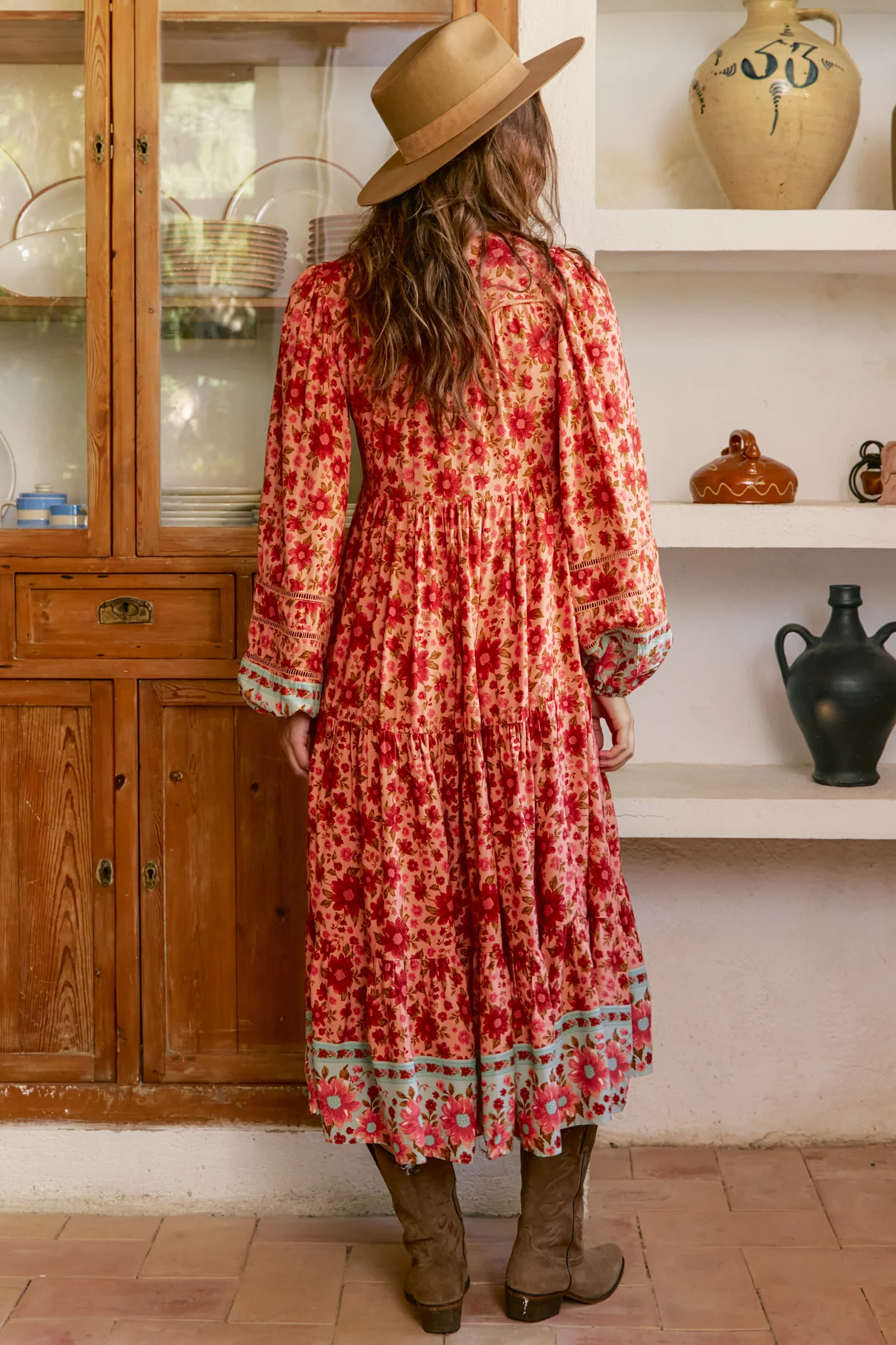 JAASE - Eve Midi Dress: V Neck Long Sleeve Tiered Dress with Option Waist Tie in Lillianna Print - Image 8