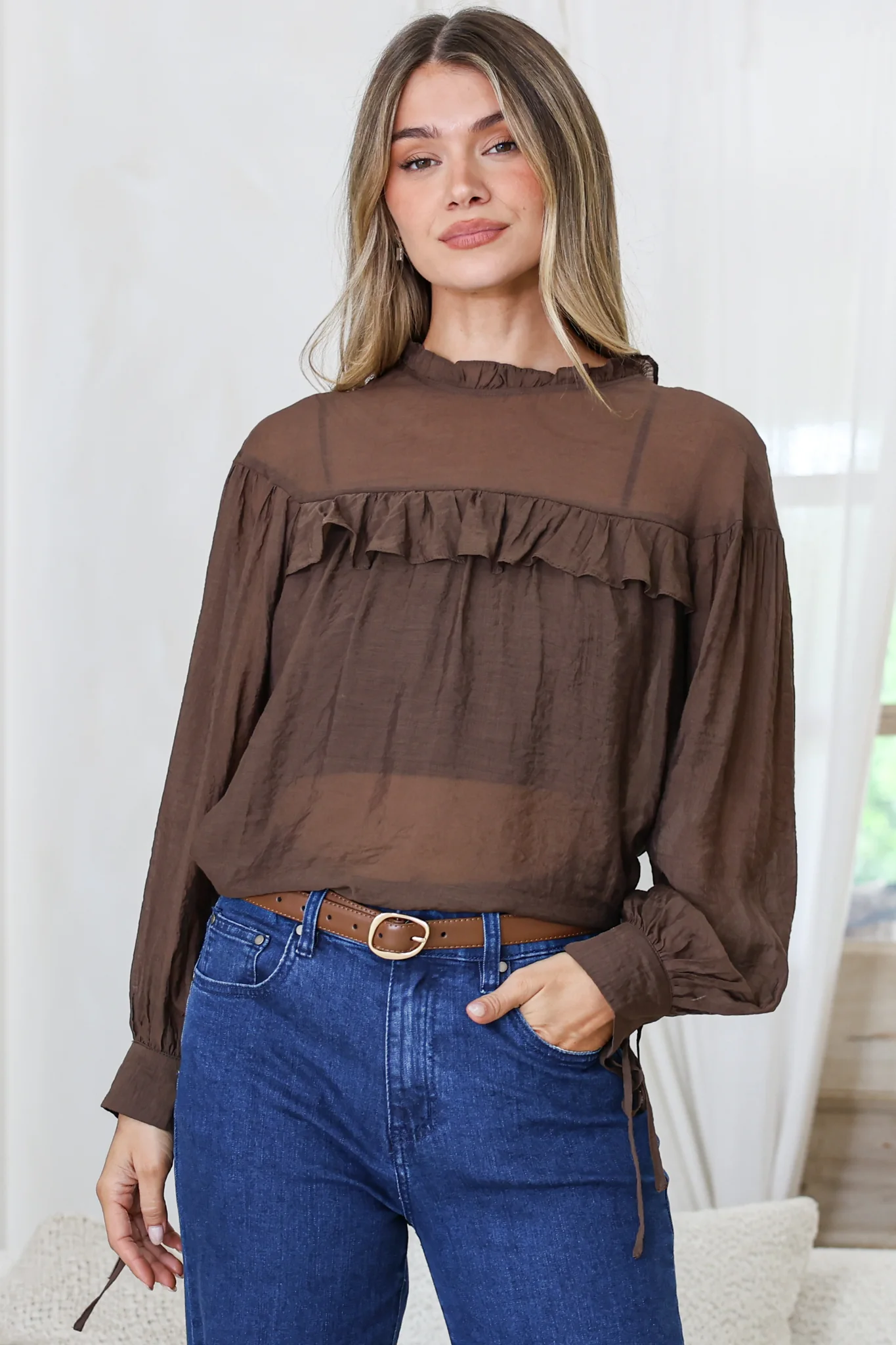 Evelyne Blouse - Frill Detailed Sheer Blouse with Balloon Sleeves with Tie Detail in Chocolate