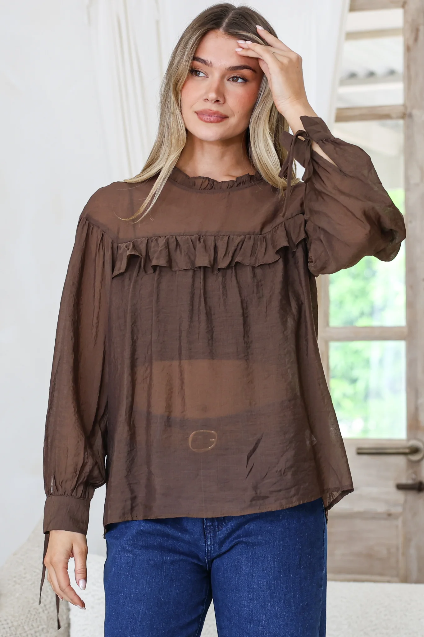 Evelyne Blouse - Frill Detailed Sheer Blouse with Balloon Sleeves with Tie Detail in Chocolate - Image 2