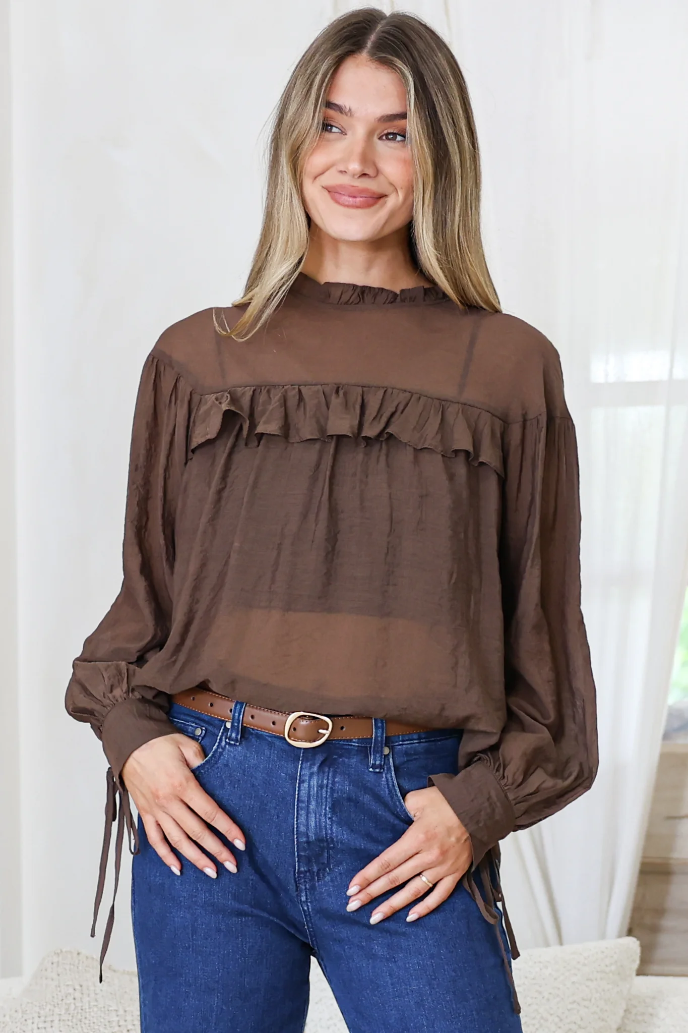 Evelyne Blouse - Frill Detailed Sheer Blouse with Balloon Sleeves with Tie Detail in Chocolate - Image 3