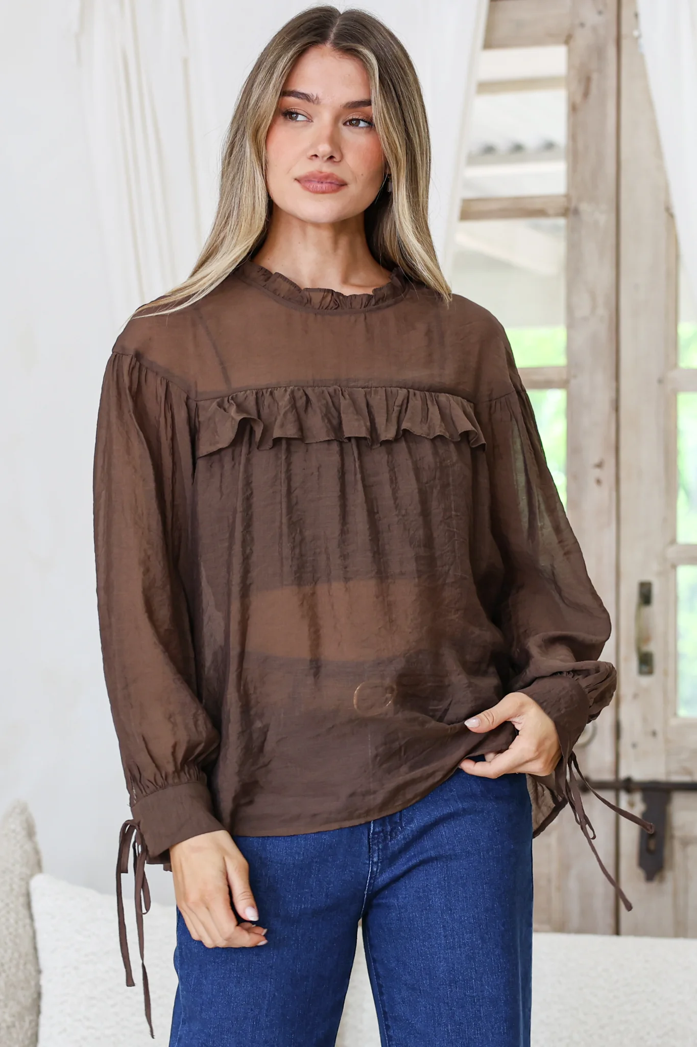 Evelyne Blouse - Frill Detailed Sheer Blouse with Balloon Sleeves with Tie Detail in Chocolate - Image 4