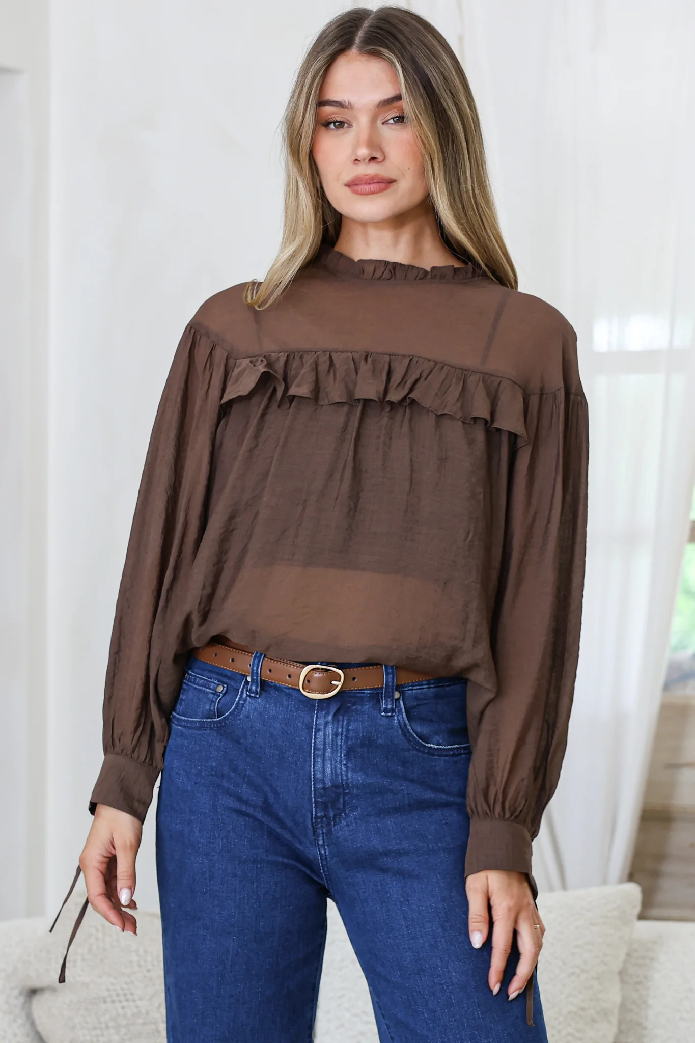 Evelyne Blouse - Frill Detailed Sheer Blouse with Balloon Sleeves with Tie Detail in Chocolate - Image 5