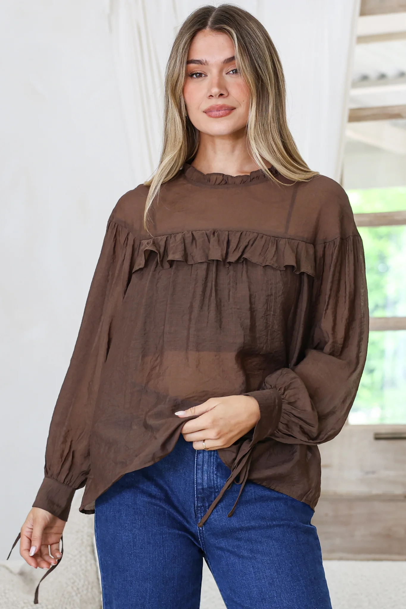 Evelyne Blouse - Frill Detailed Sheer Blouse with Balloon Sleeves with Tie Detail in Chocolate - Image 6