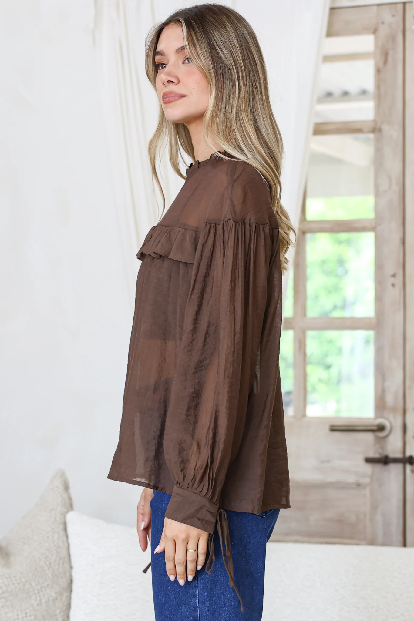 Evelyne Blouse - Frill Detailed Sheer Blouse with Balloon Sleeves with Tie Detail in Chocolate - Image 7