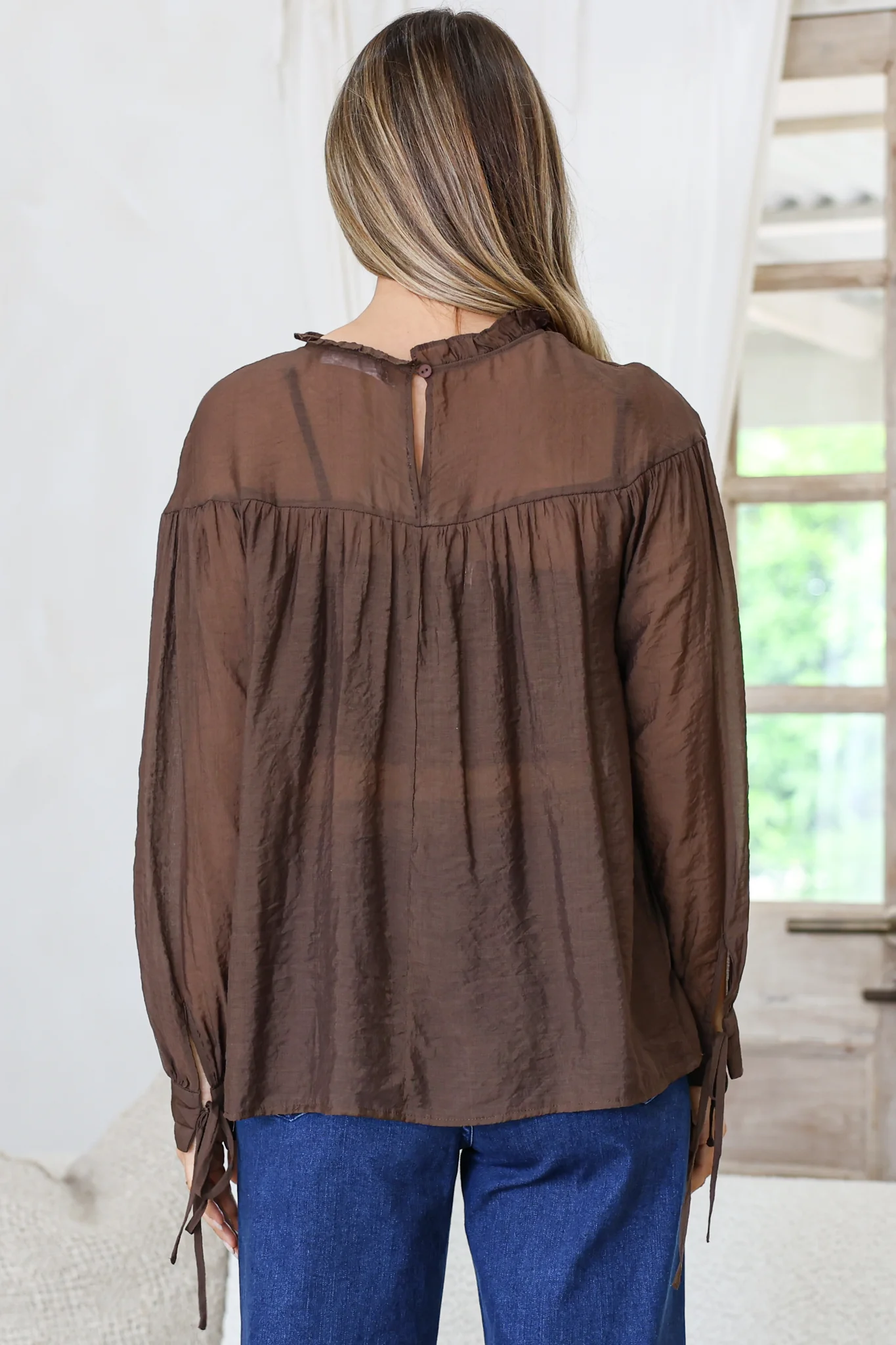 Evelyne Blouse - Frill Detailed Sheer Blouse with Balloon Sleeves with Tie Detail in Chocolate - Image 8