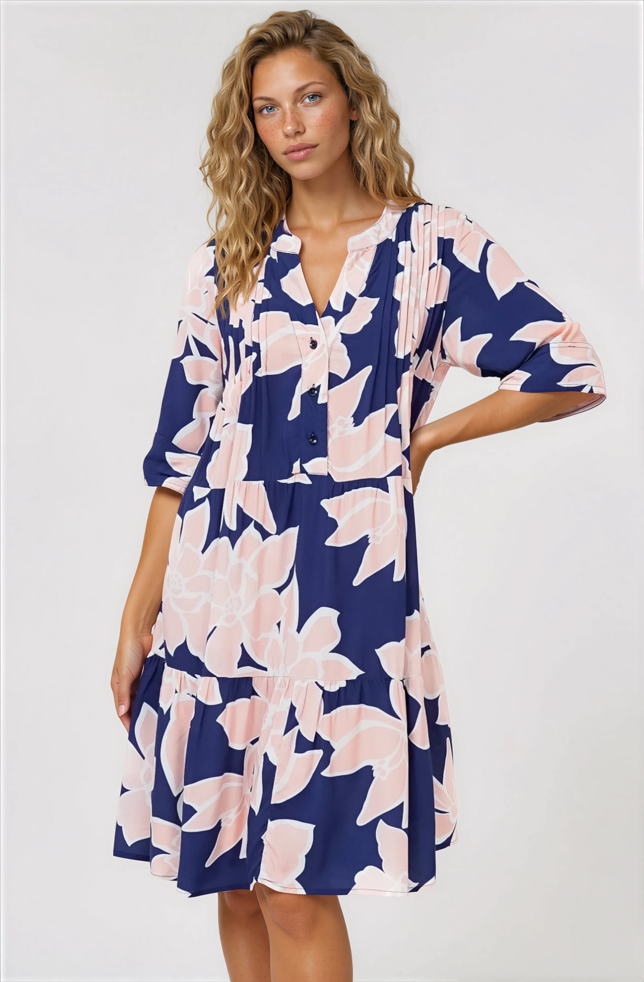 Evie Mini Dress - 3/4 Sleeve Tiered Smock Dress in Jetson Print Navy