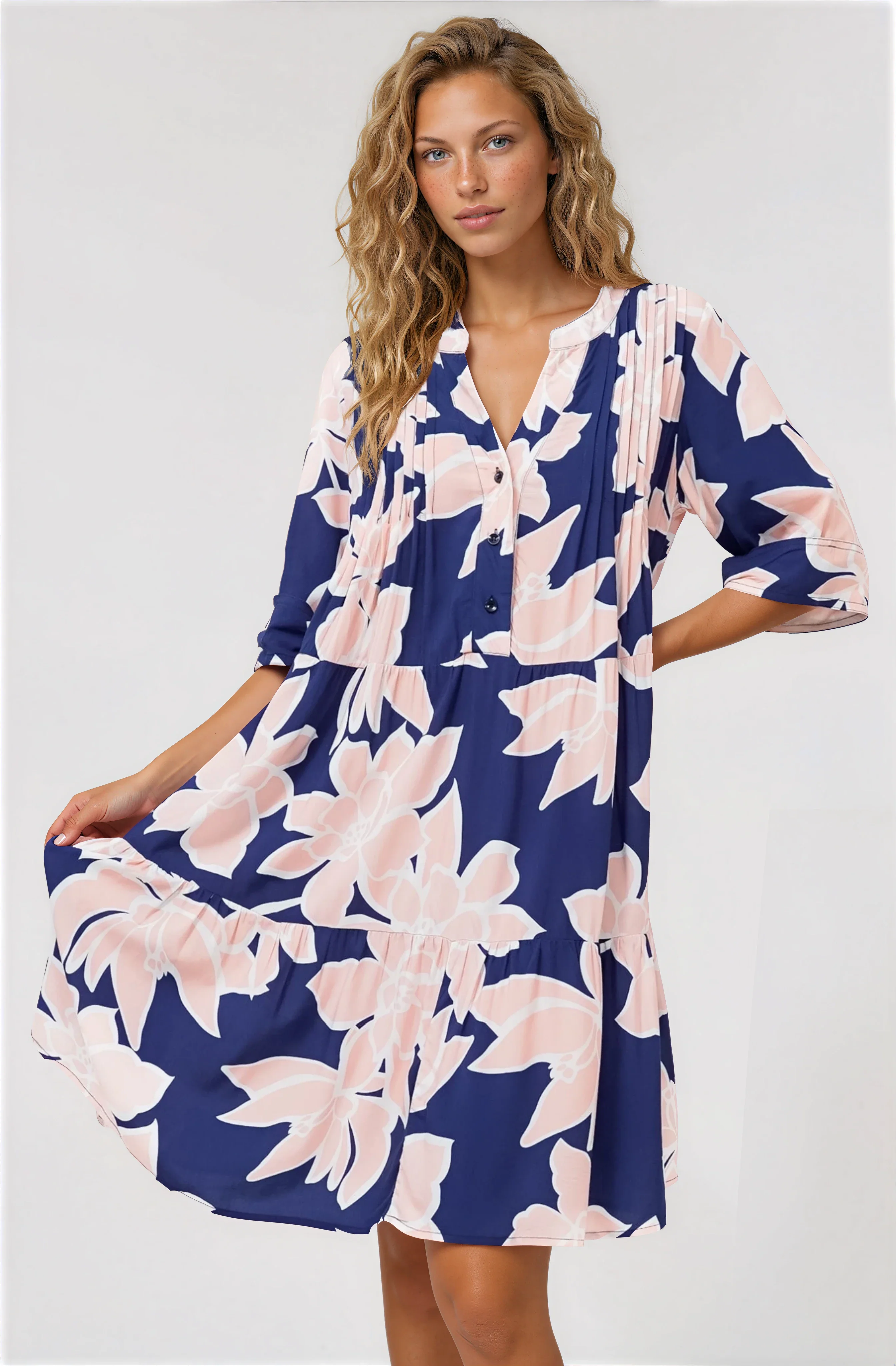 Evie Mini Dress - 3/4 Sleeve Tiered Smock Dress in Jetson Print Navy - Image 2
