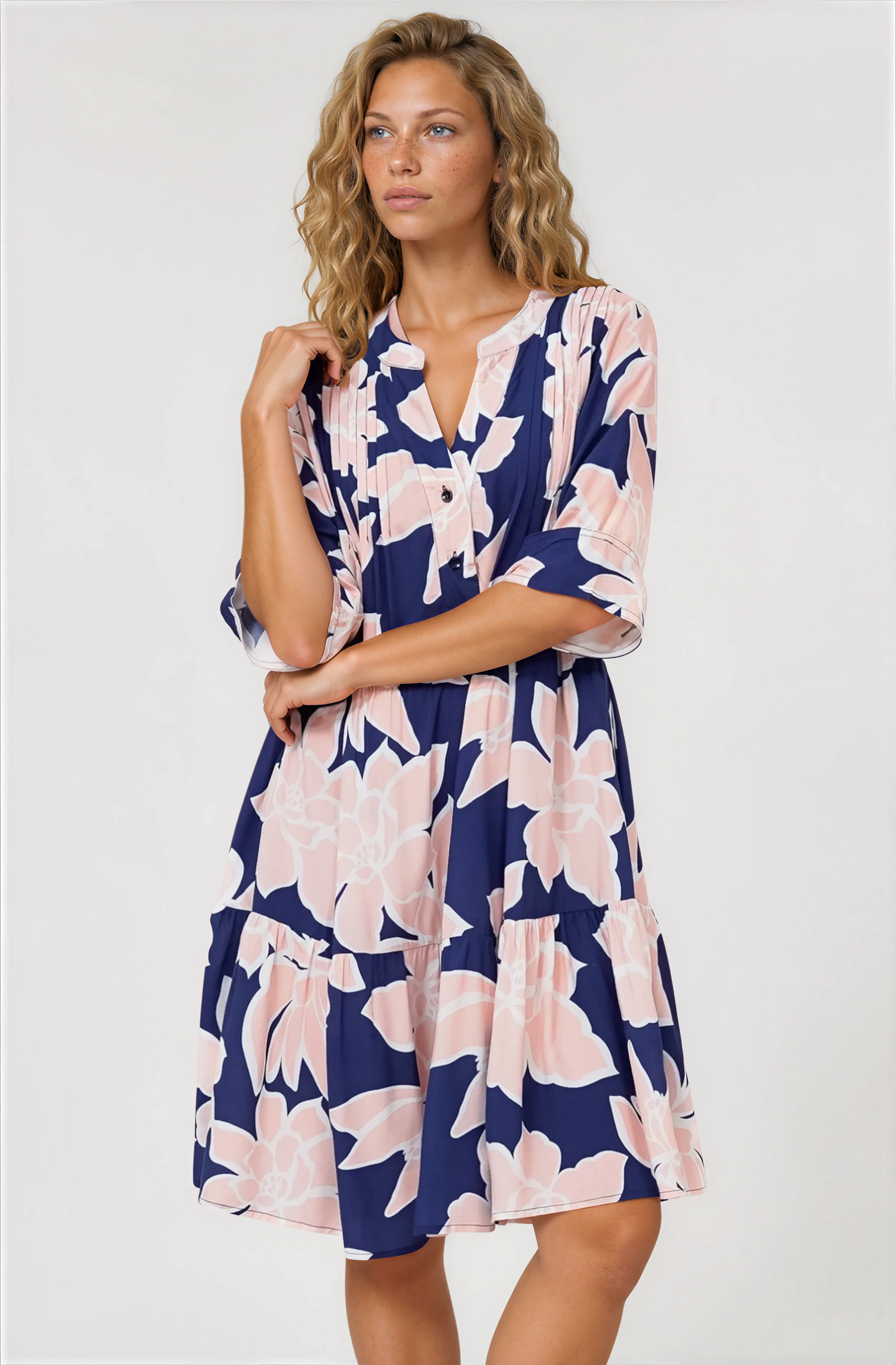 Evie Mini Dress - 3/4 Sleeve Tiered Smock Dress in Jetson Print Navy - Image 3