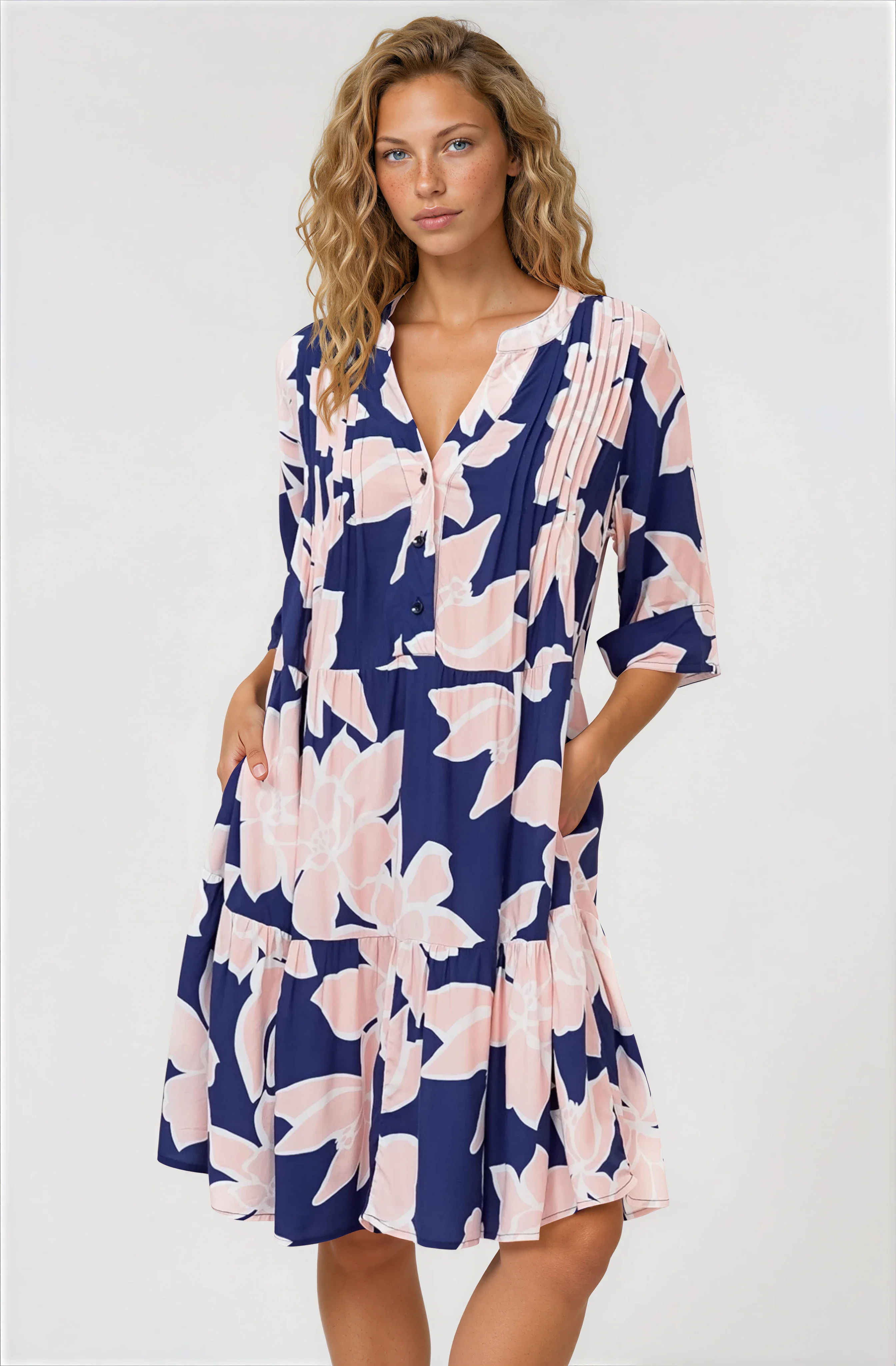 Evie Mini Dress - 3/4 Sleeve Tiered Smock Dress in Jetson Print Navy - Image 4