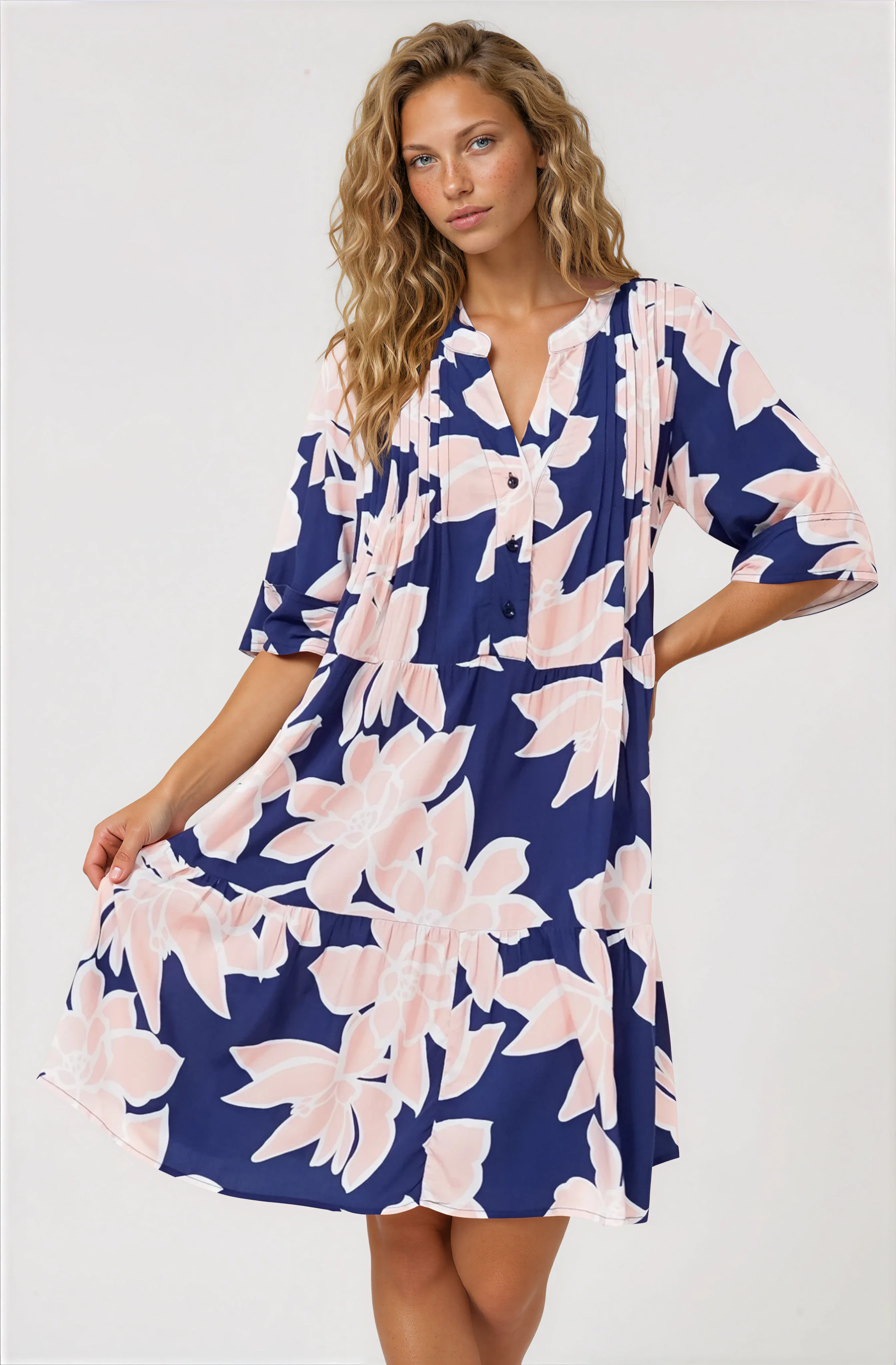 Evie Mini Dress - 3/4 Sleeve Tiered Smock Dress in Jetson Print Navy - Image 5