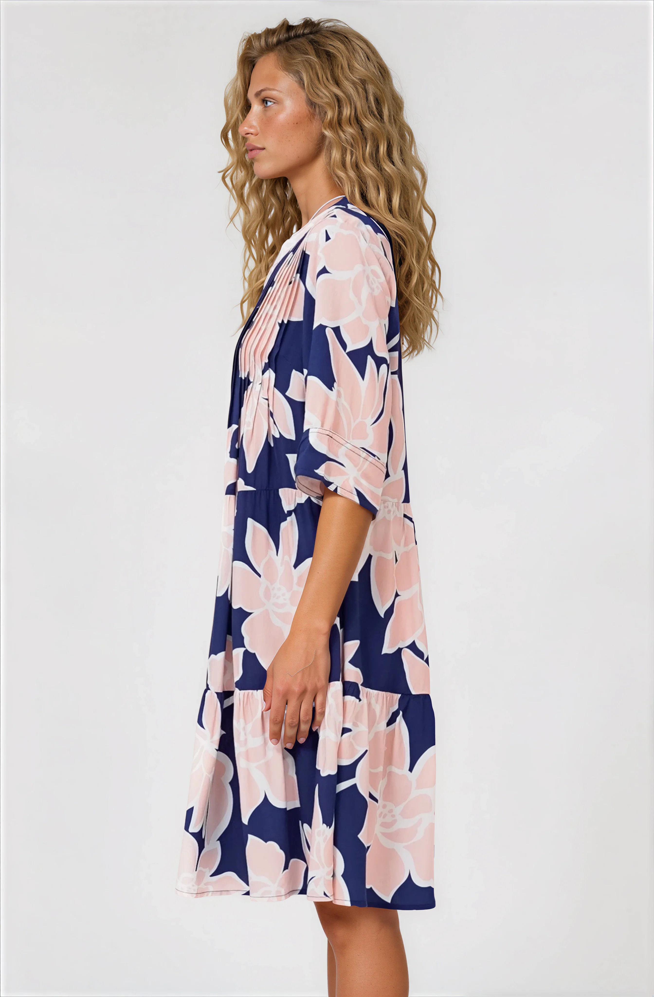 Evie Mini Dress - 3/4 Sleeve Tiered Smock Dress in Jetson Print Navy - Image 6