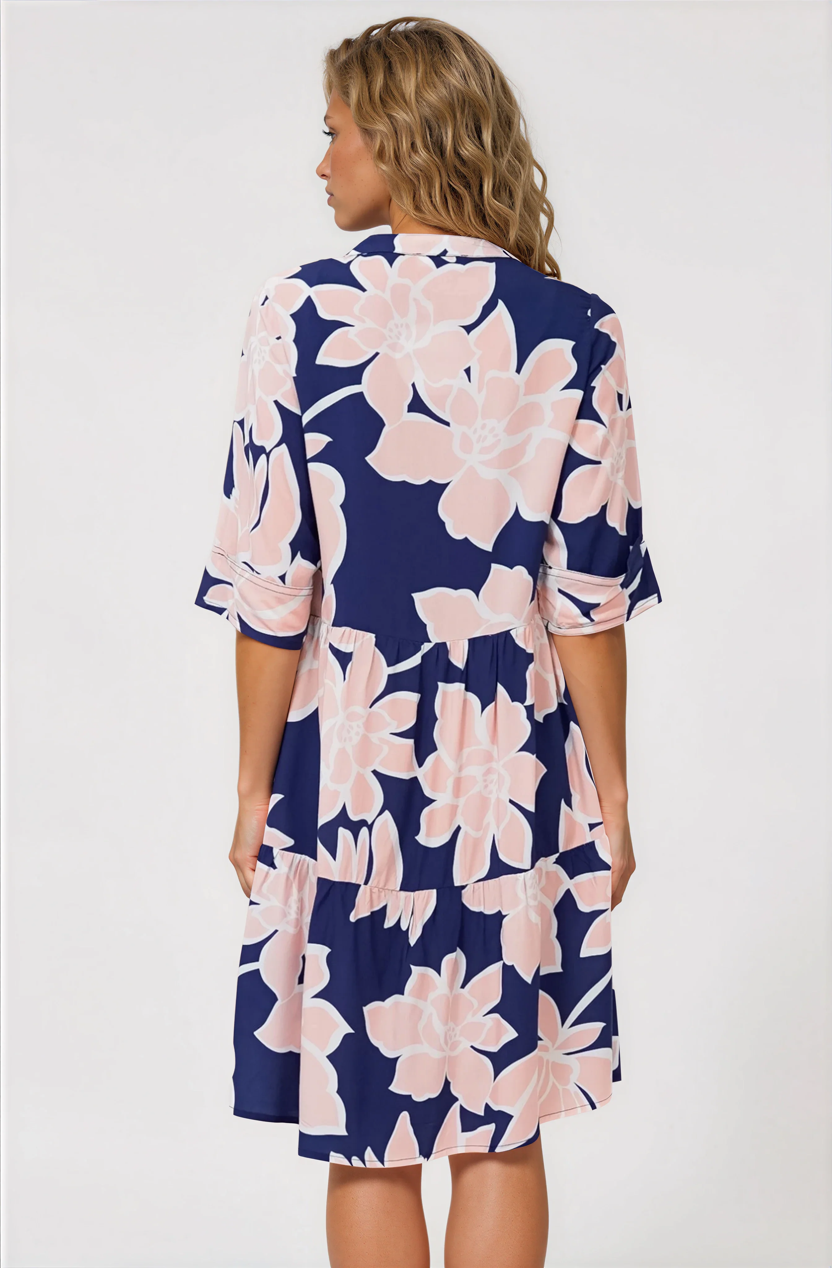 Evie Mini Dress - 3/4 Sleeve Tiered Smock Dress in Jetson Print Navy - Image 7