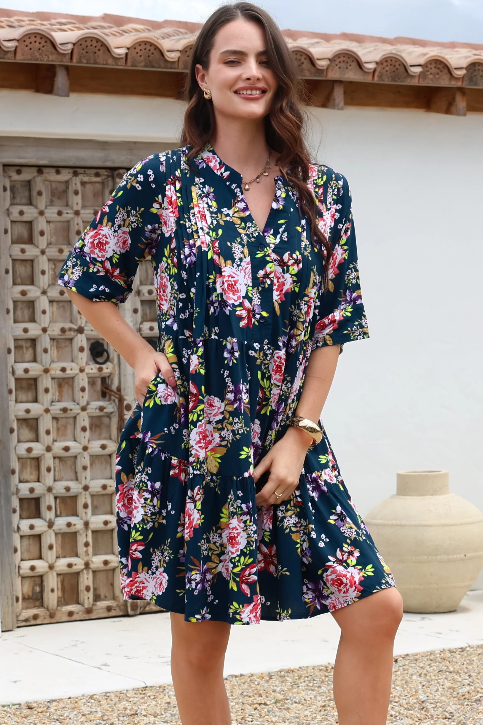 Evie Mini Dress - 3/4 Sleeve Tiered Smock Dress in Virginia Print Navy - Image 2