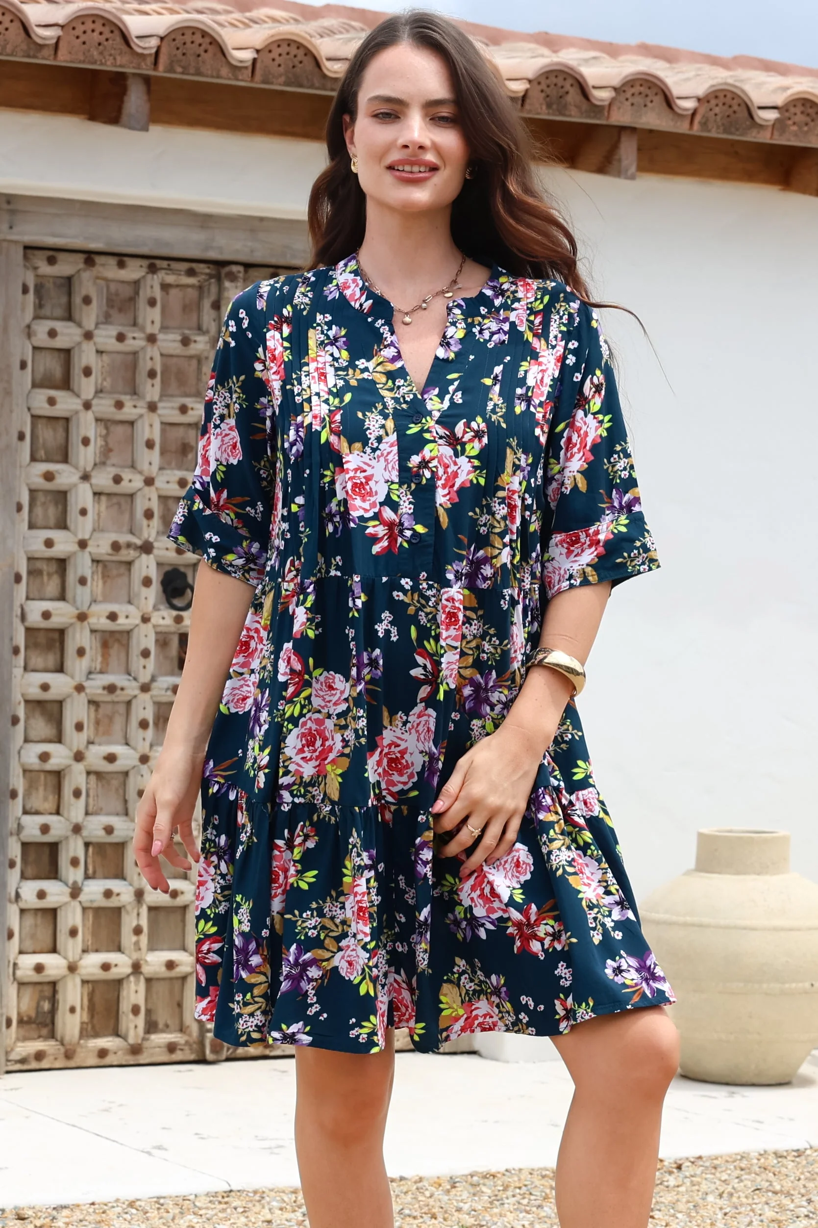 Evie Mini Dress - 3/4 Sleeve Tiered Smock Dress in Virginia Print Navy - Image 3