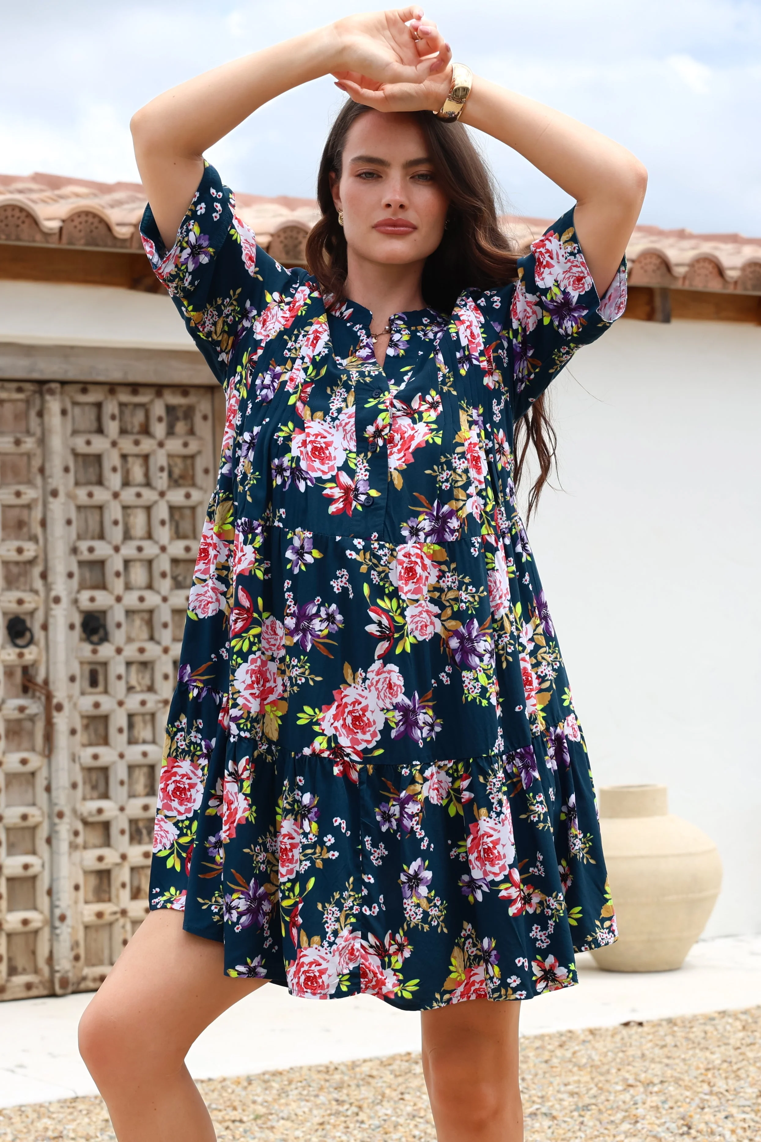 Evie Mini Dress - 3/4 Sleeve Tiered Smock Dress in Virginia Print Navy - Image 4
