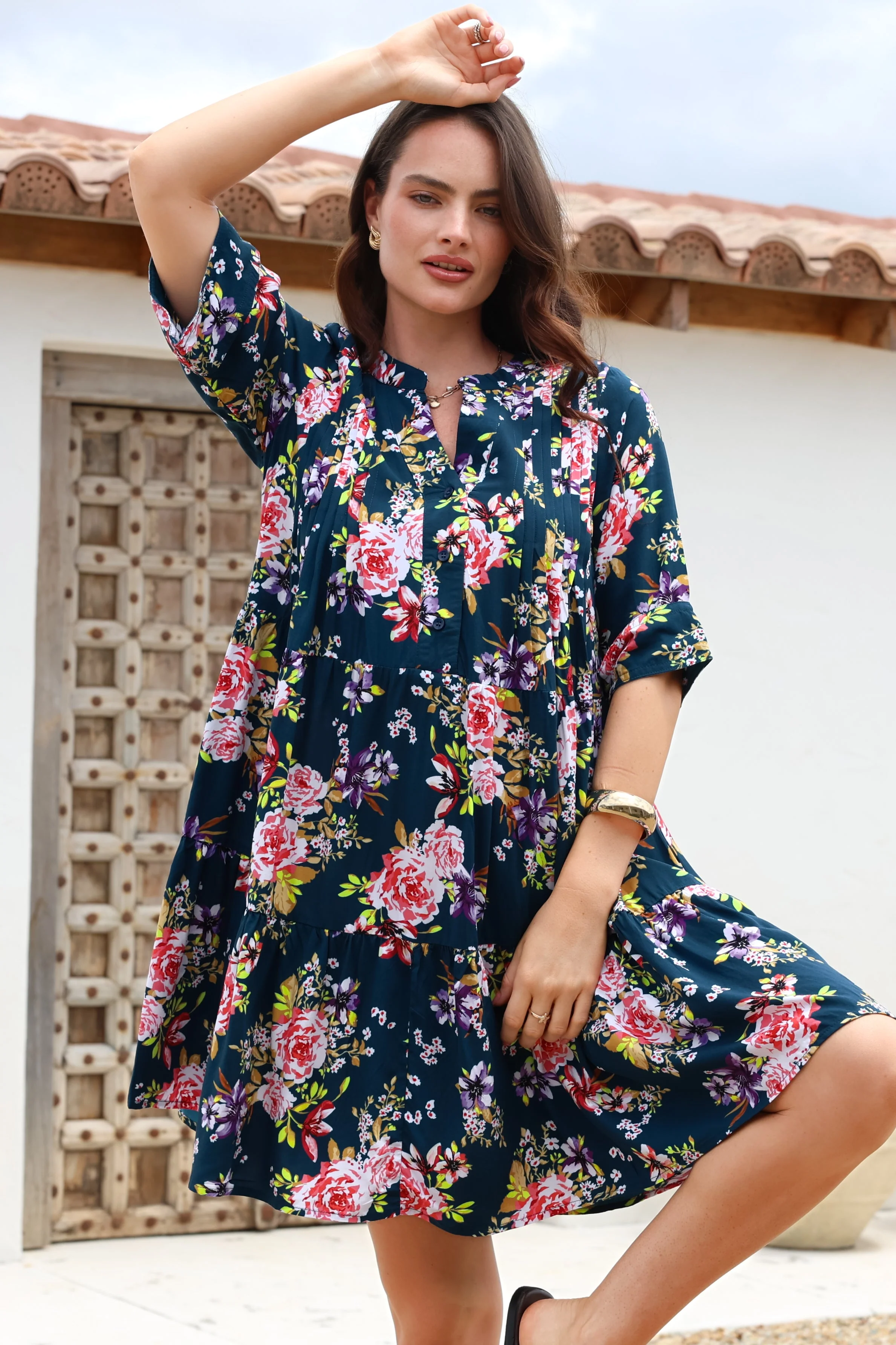 Evie Mini Dress - 3/4 Sleeve Tiered Smock Dress in Virginia Print Navy - Image 5