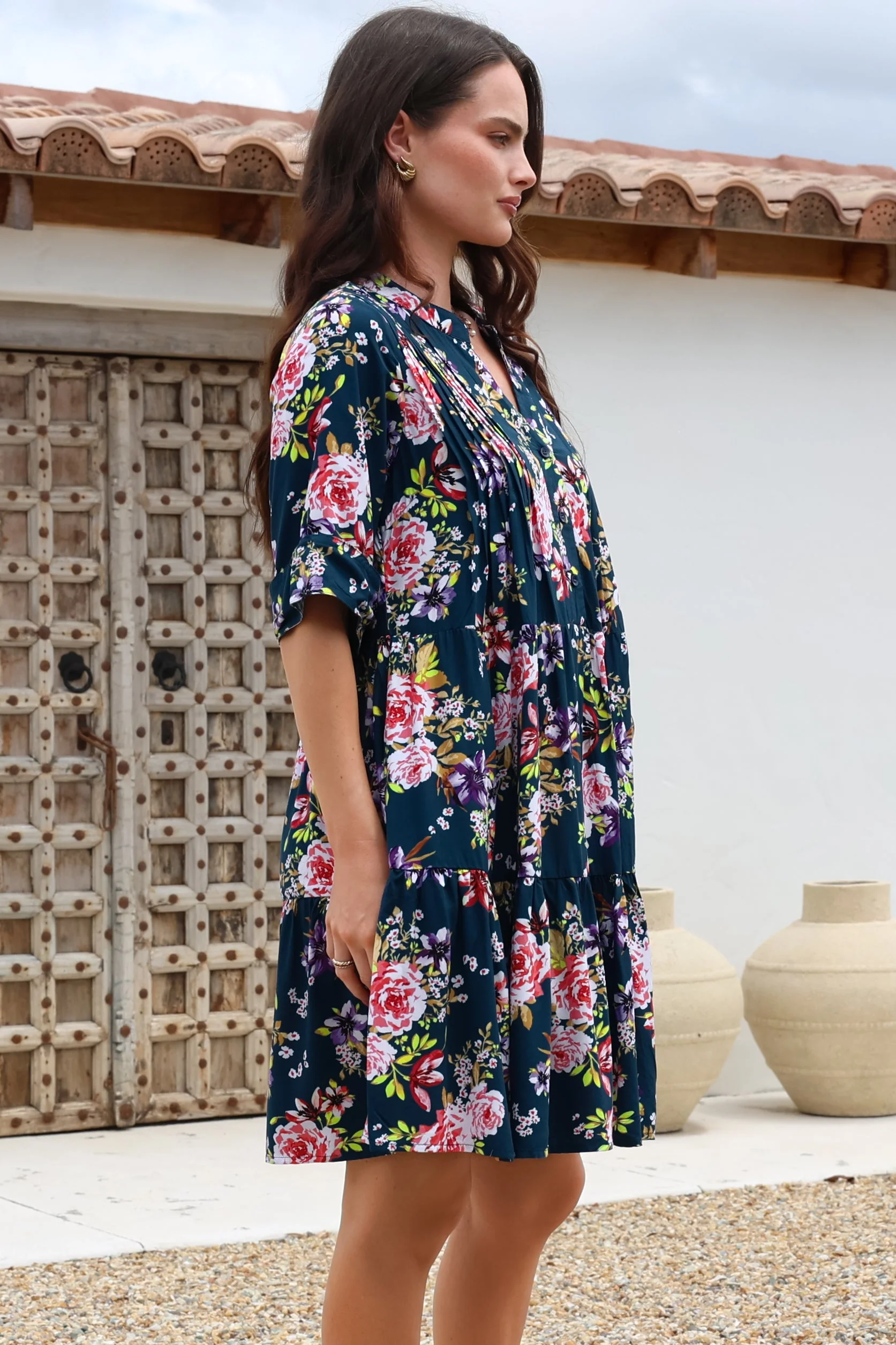 Evie Mini Dress - 3/4 Sleeve Tiered Smock Dress in Virginia Print Navy - Image 6
