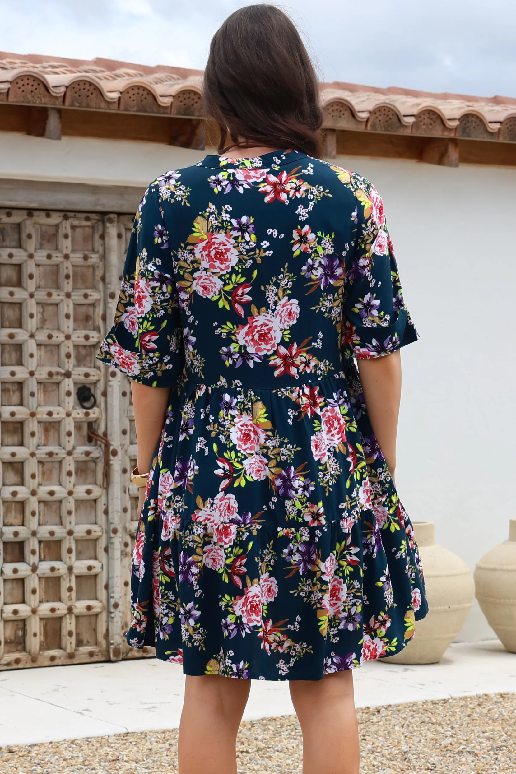 Evie Mini Dress - 3/4 Sleeve Tiered Smock Dress in Virginia Print Navy - Image 7