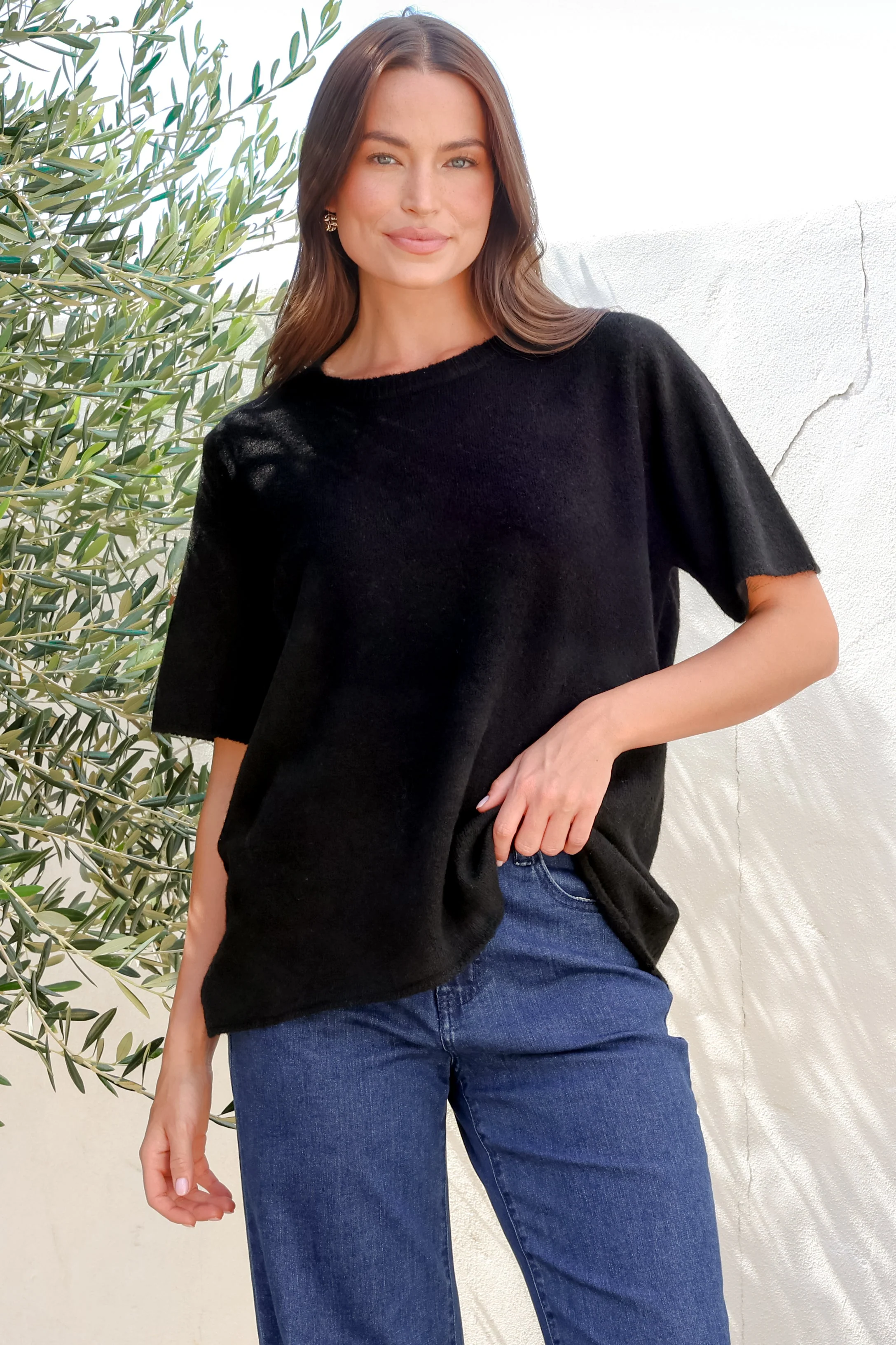Fable Knit Top - Crew Neck Relaxed Super Soft Knit Tee in Black - Image 2