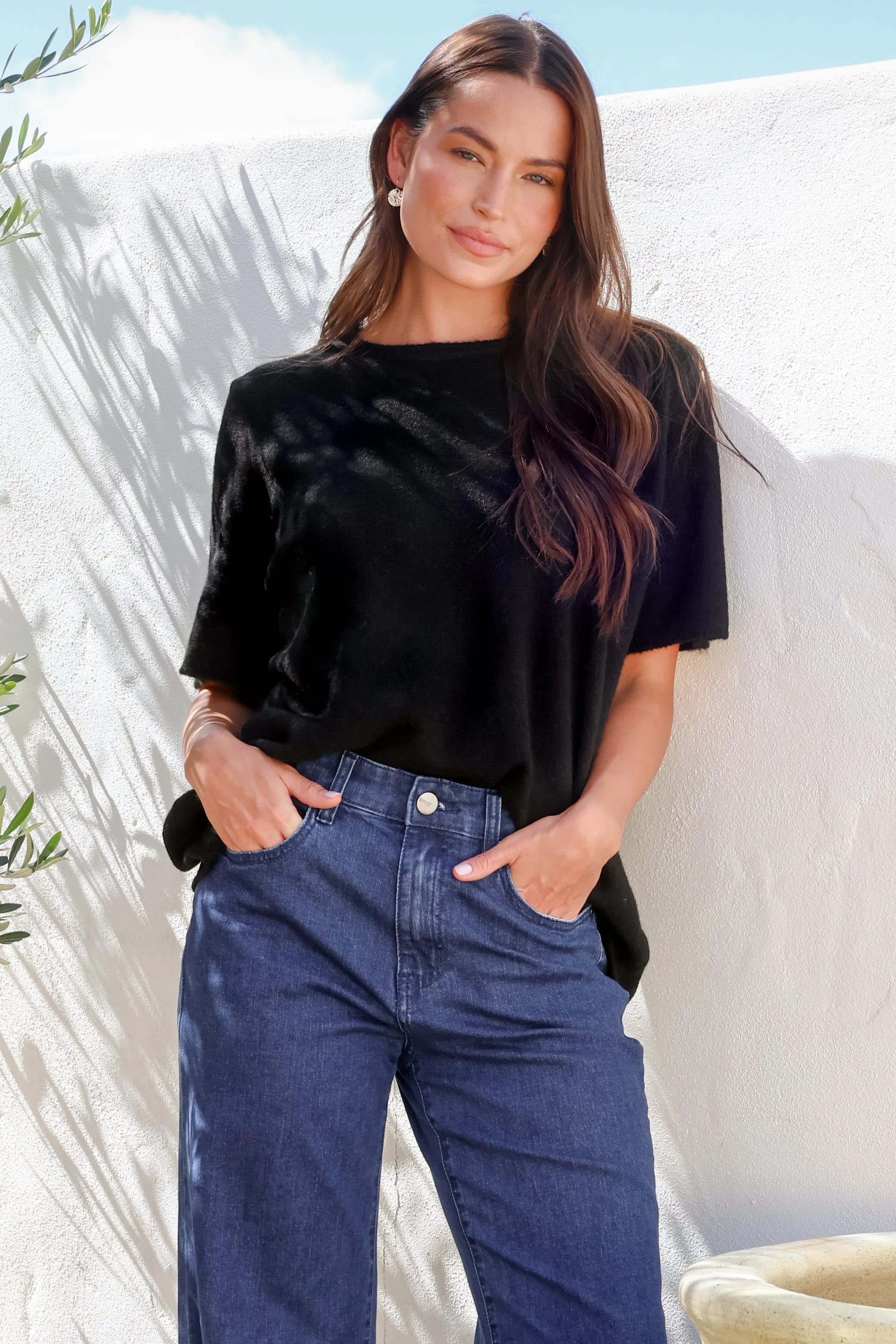 Fable Knit Top - Crew Neck Relaxed Super Soft Knit Tee in Black - Image 3