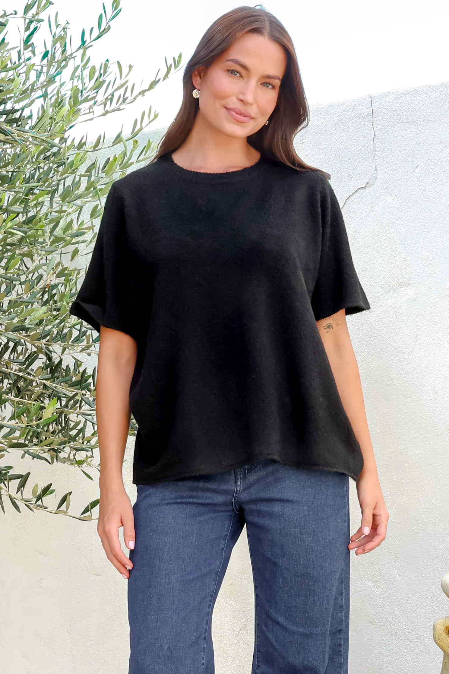 Fable Knit Top - Crew Neck Relaxed Super Soft Knit Tee in Black - Image 4