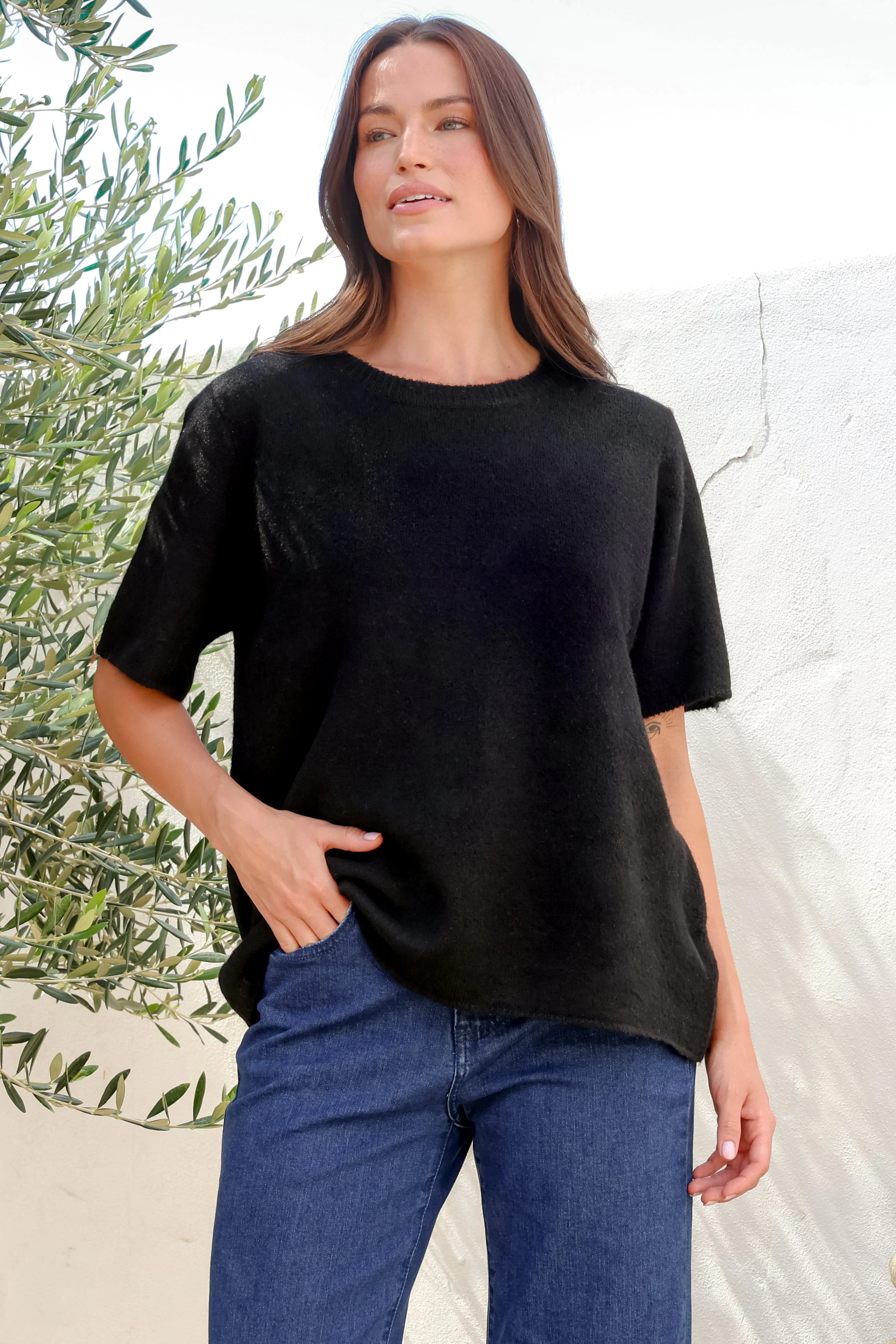 Fable Knit Top - Crew Neck Relaxed Super Soft Knit Tee in Black - Image 6