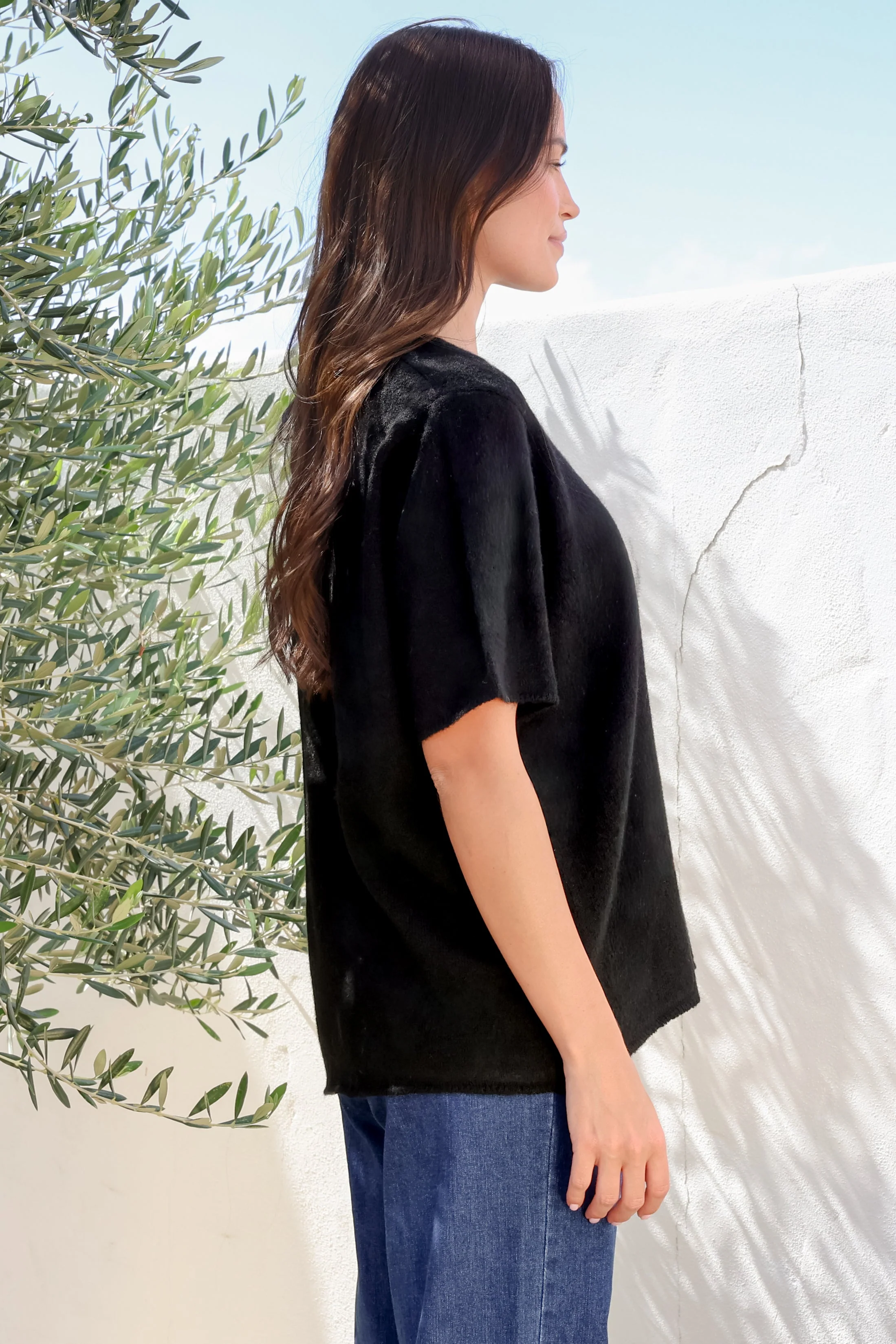 Fable Knit Top - Crew Neck Relaxed Super Soft Knit Tee in Black - Image 7